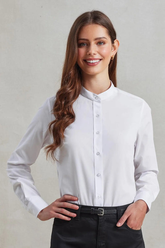 Chemisier à col « grand-père » pour femmes - Blanc / XS