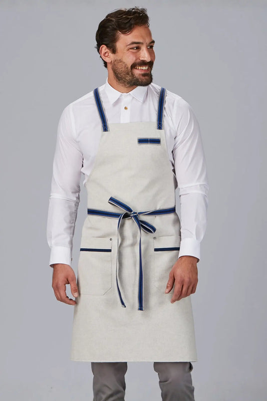 Tablier de cuisine à bavette PANAMA - personnalisé - Gris clair / bleu