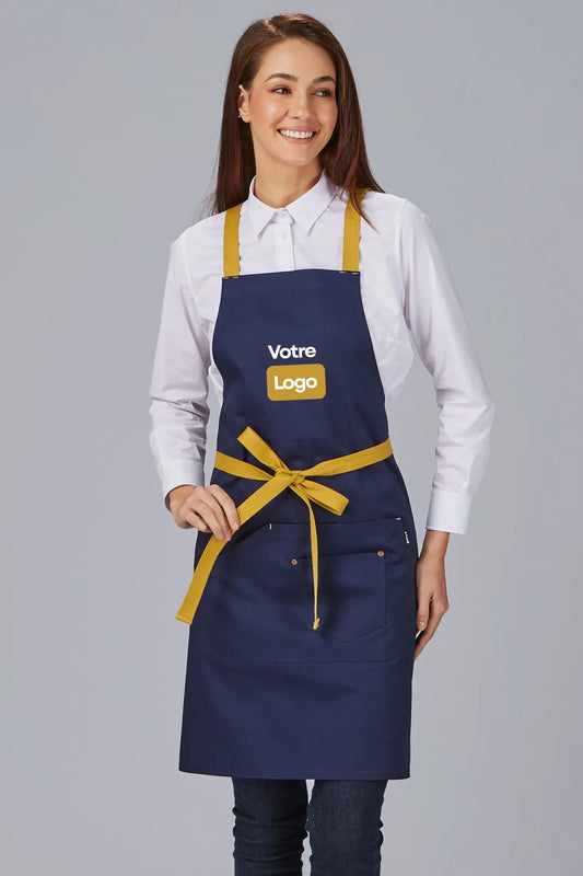 Tablier de cuisine personnalisé bicolore à bavette - Bleu