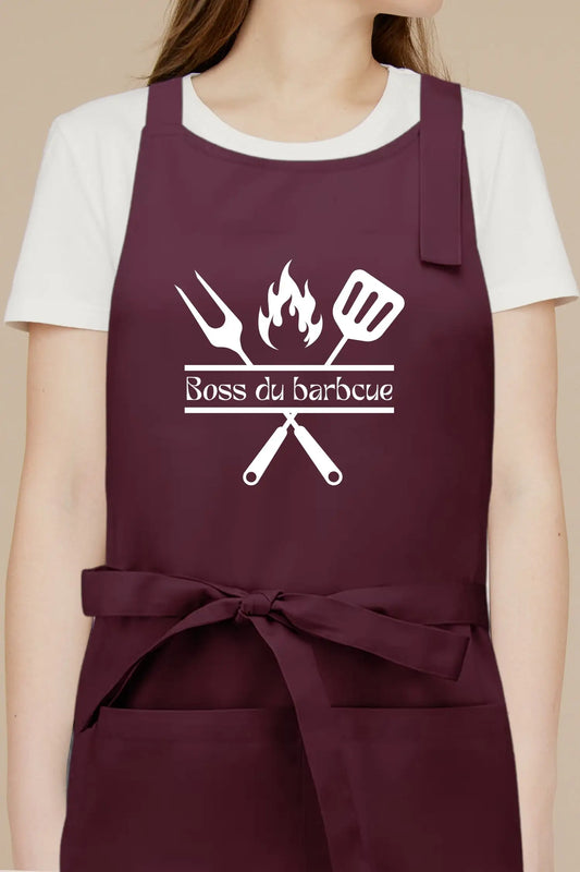 Tablier de cuisine personnalisé “Boss du barbecue” imprimé - Prune
