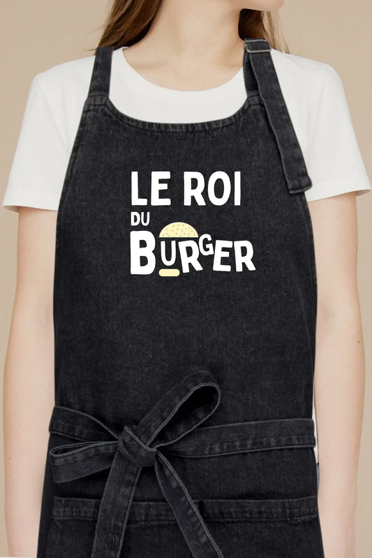 Tablier de cuisine personnalisé “Le roi du burger” imprimé - Noir Denim