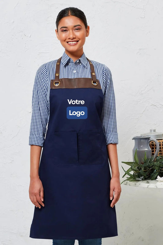Tablier personnalisé à bavette - Espresso - Bleu marine/marron