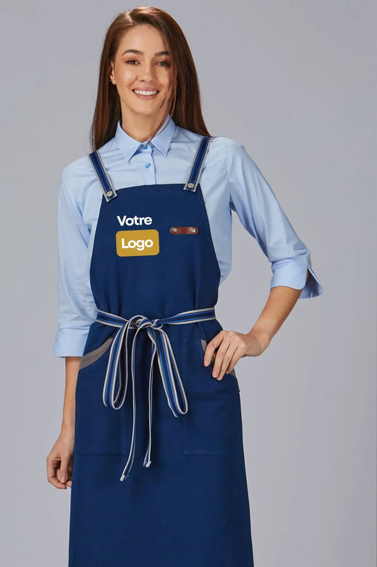 Tablier personnalisé bicolore à bavette - Bleu