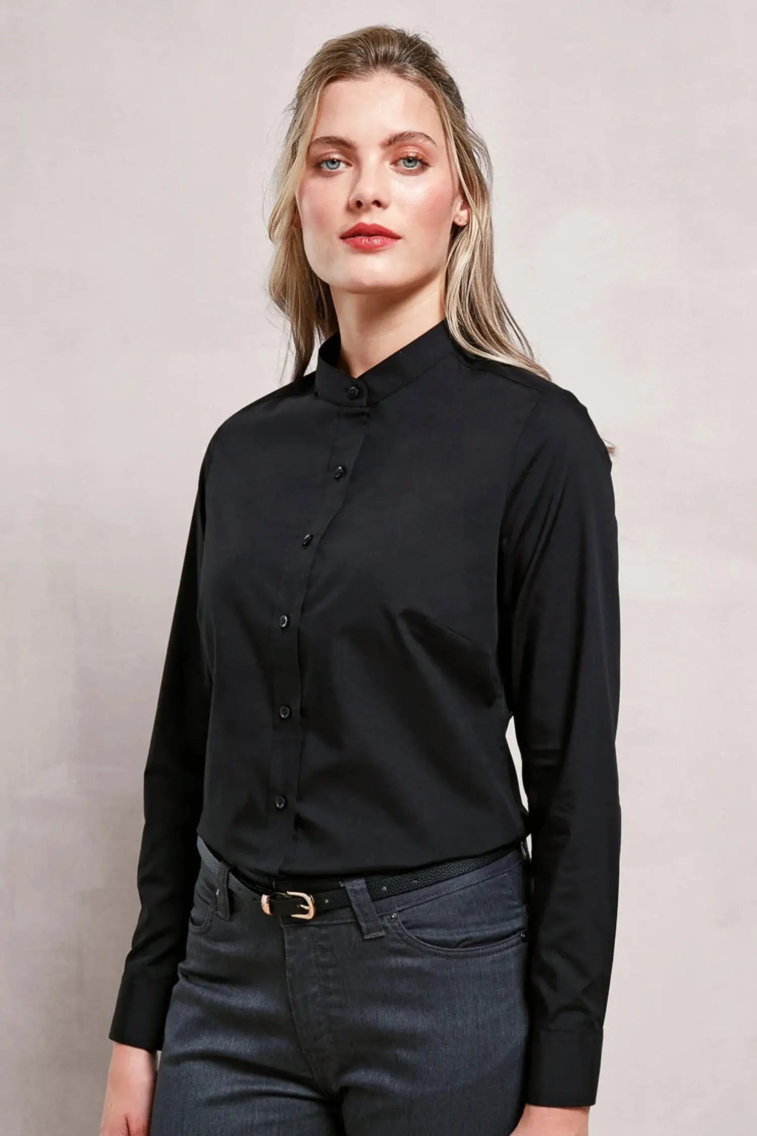 Chemisier à col « grand-père » pour femmes - Noir / XS