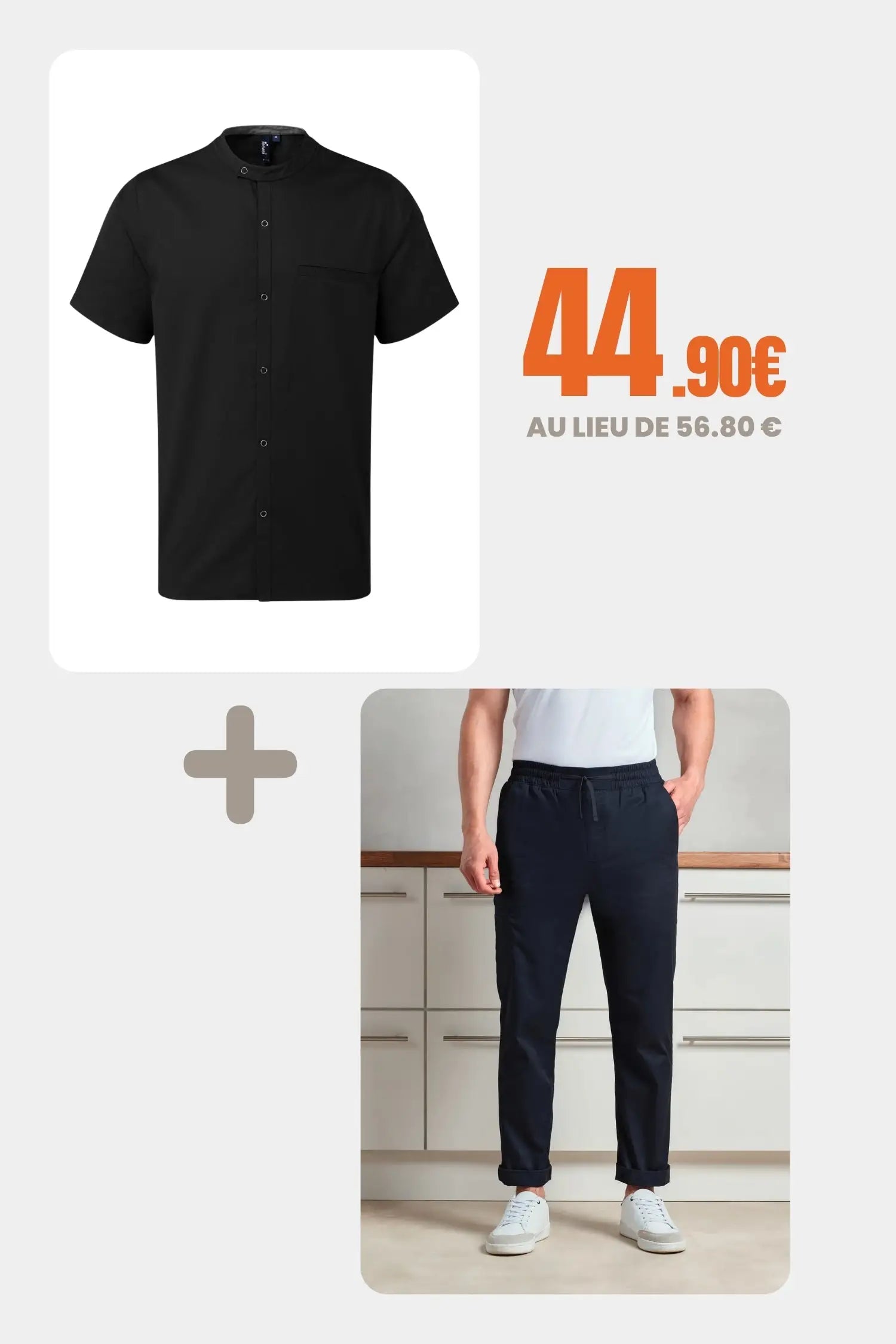 Pack Chef Professionnel – Veste de cuisine à manches courtes + Pantalon cargo - Noir / XS / S