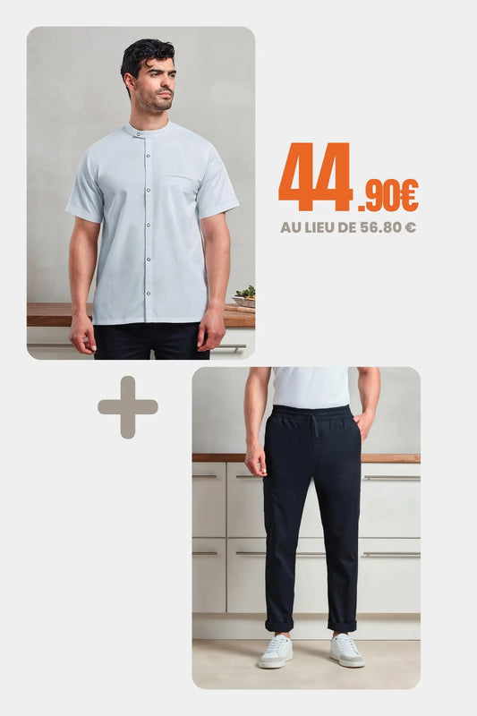 Pack Chef Professionnel – Veste de cuisine à manches courtes + Pantalon cargo - Blanc / XS / S