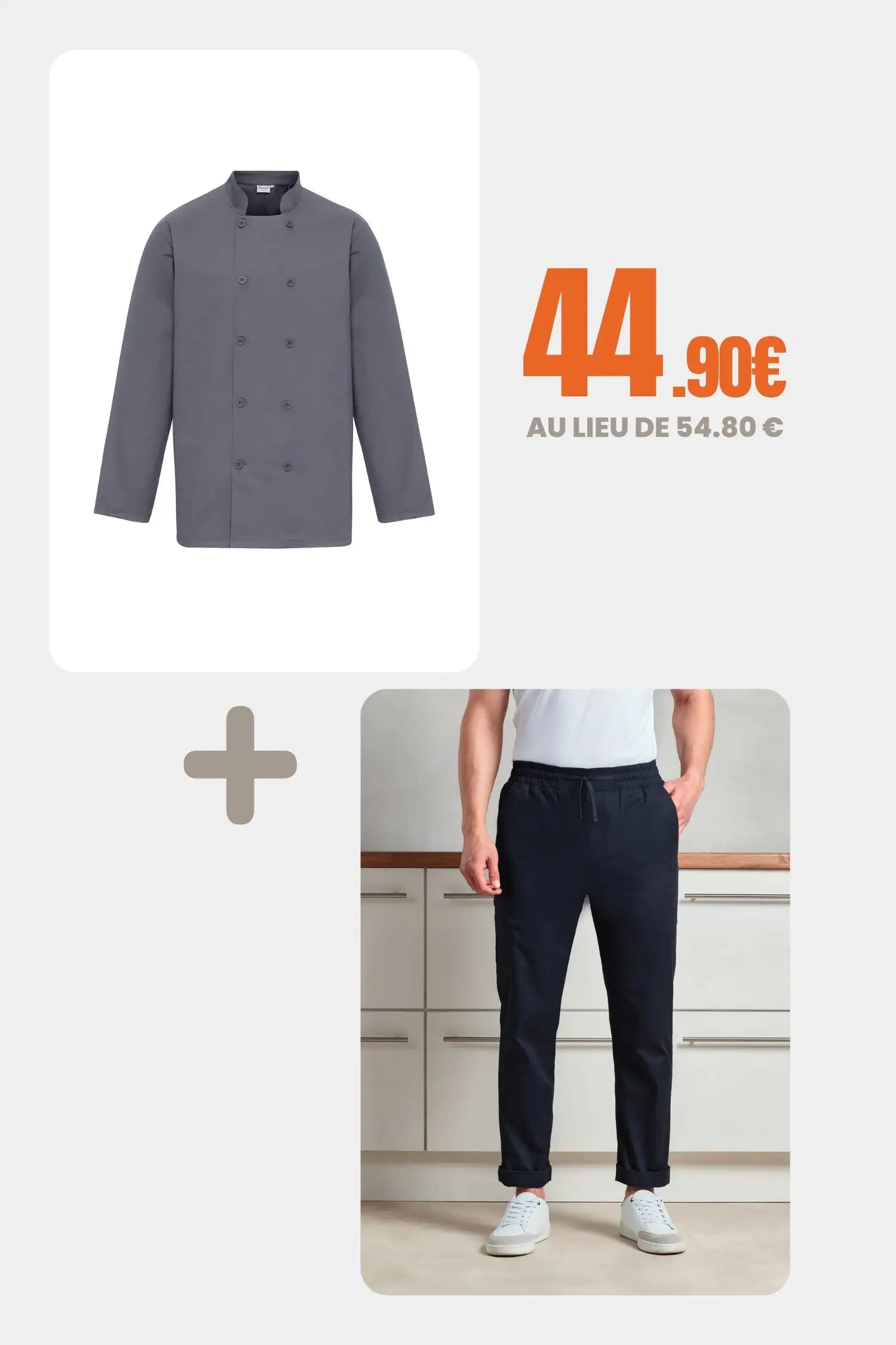 Pack Chef Professionnel – Veste de cuisine à manches longues + Pantalon cargo - Acier / XS / S