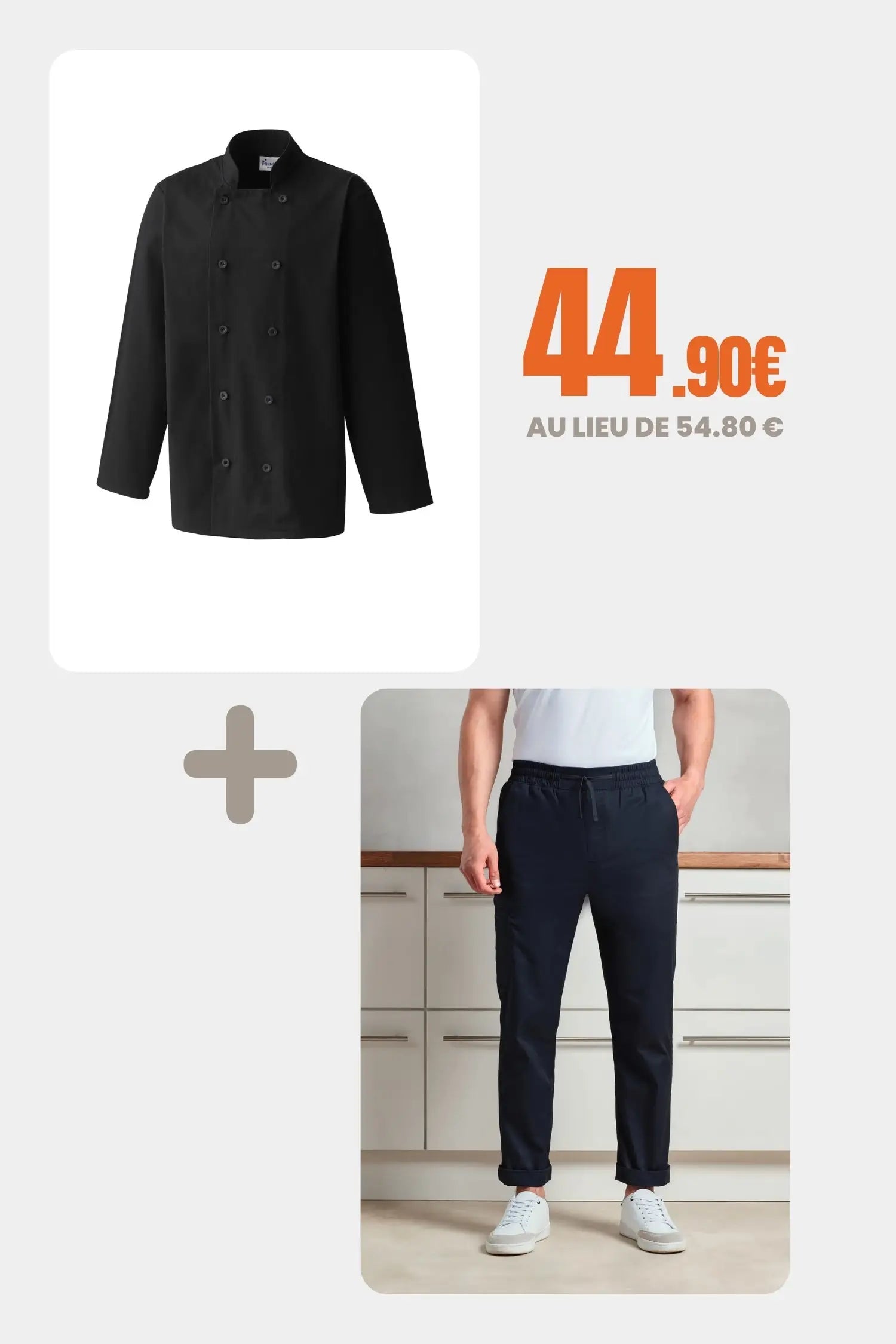 Pack Chef Professionnel – Veste de cuisine à manches longues + Pantalon cargo - Noir / XS / S