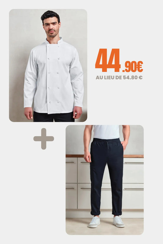 Pack Chef Professionnel – Veste de cuisine à manches longues + Pantalon cargo - Blanc / XS / S