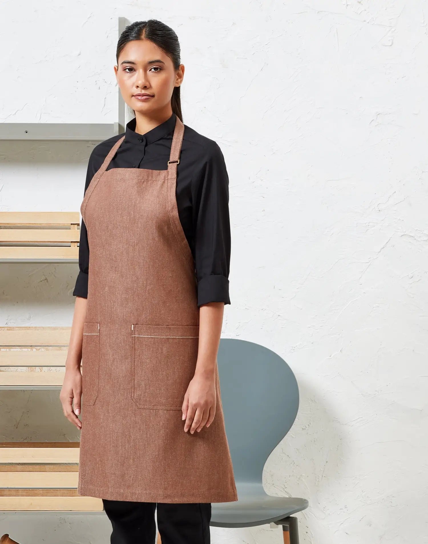 Tablier de cuisine à bavette durable en denim - Marron Denim