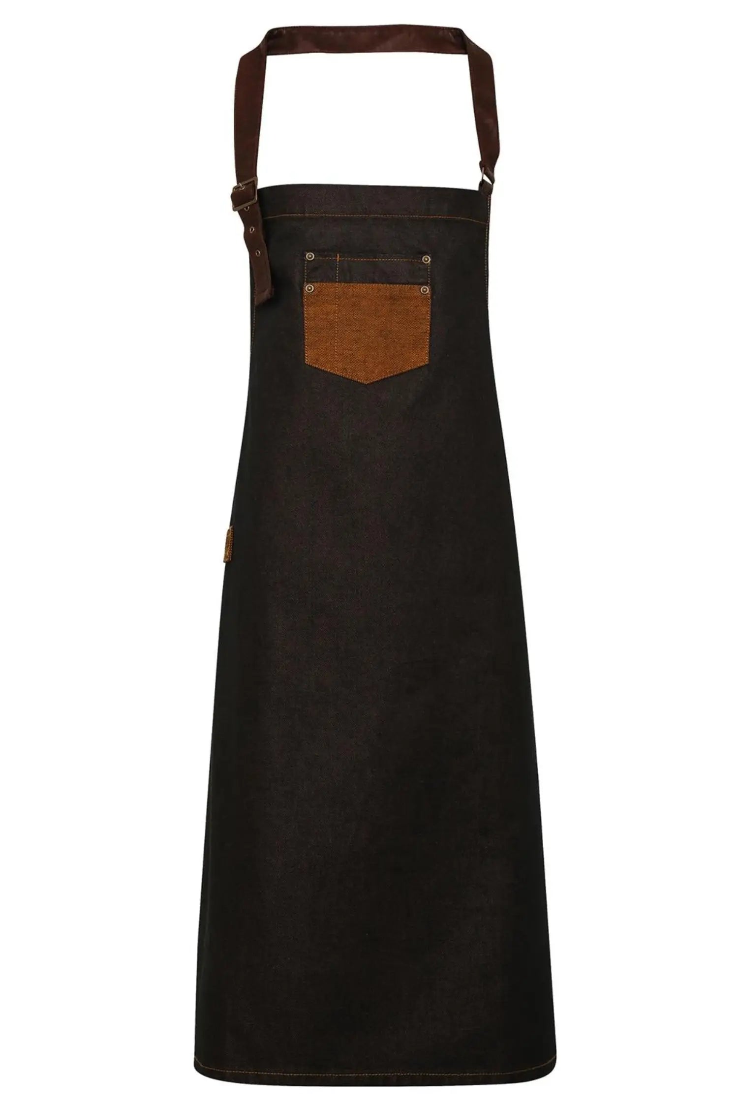 Tablier de cuisine personnalisé à Bavette en Denim Ciré - Style Vintage - Noir / Tan Denim