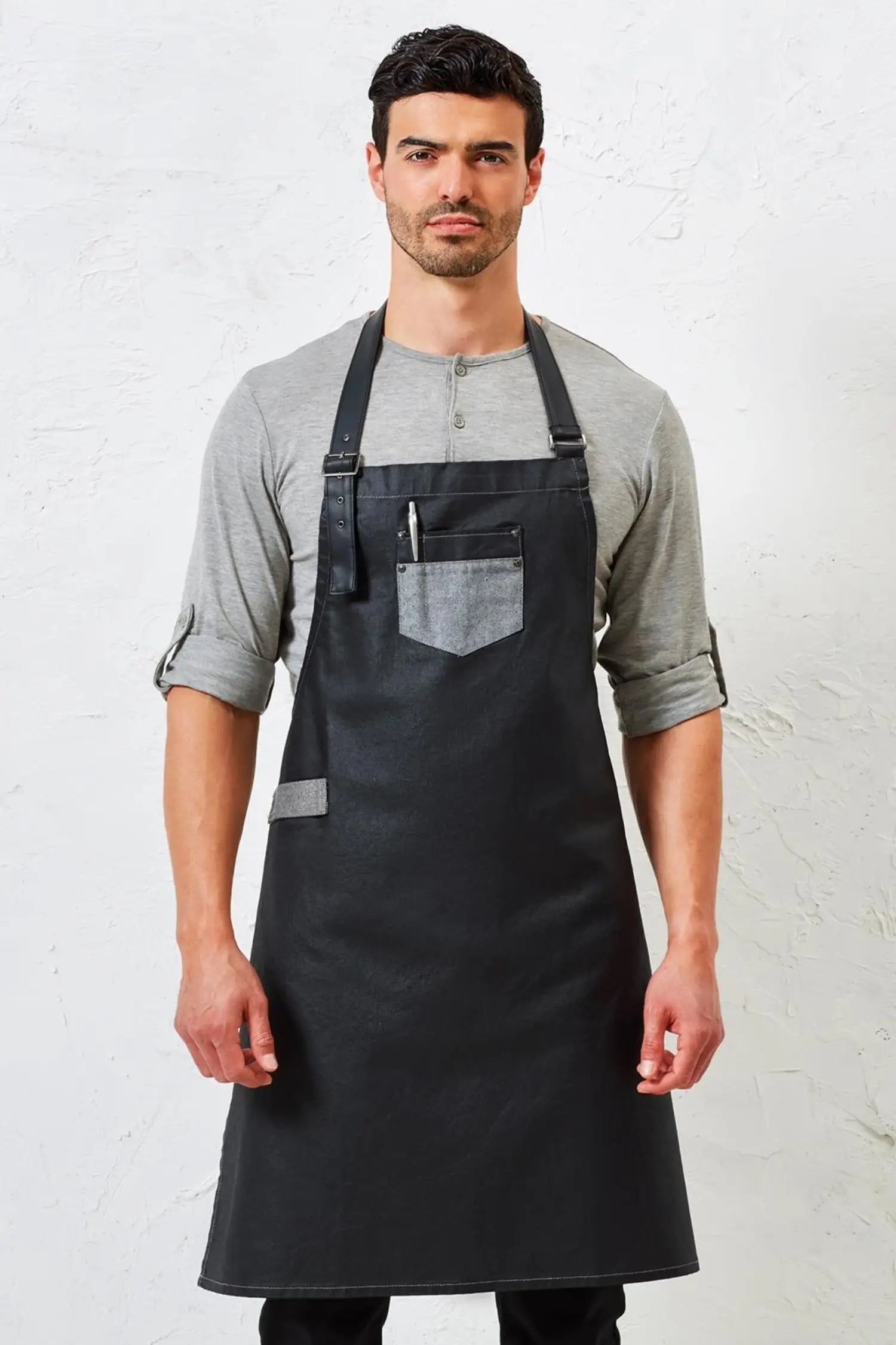Tablier de cuisine personnalisé à Bavette en Denim Ciré - Style Vintage - Noir Denim