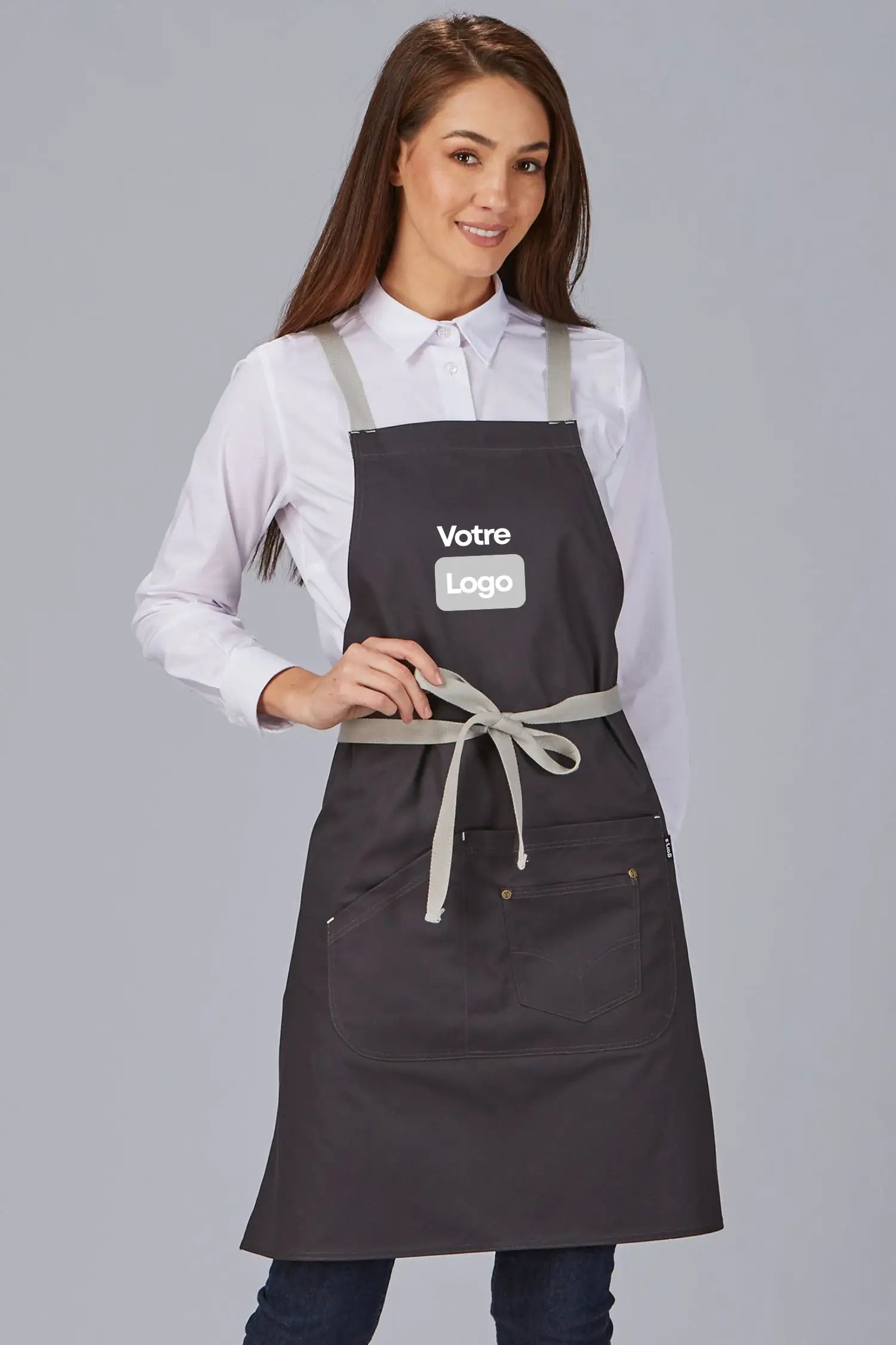 Tablier de cuisine personnalisé bicolore à bavette - Gris