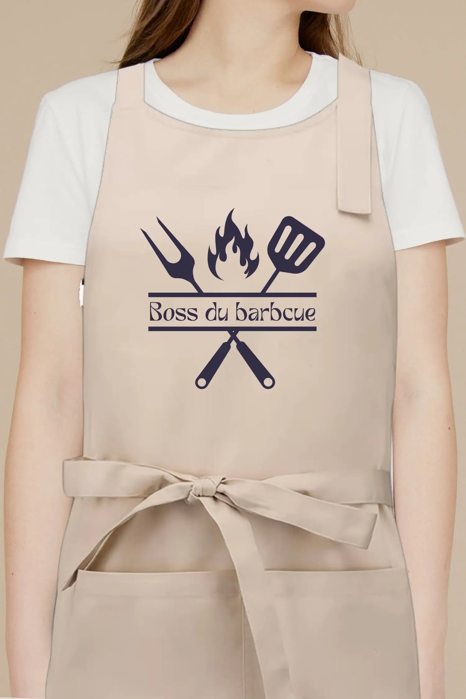 Tablier de cuisine personnalisé “Boss du barbecue” imprimé - Beige