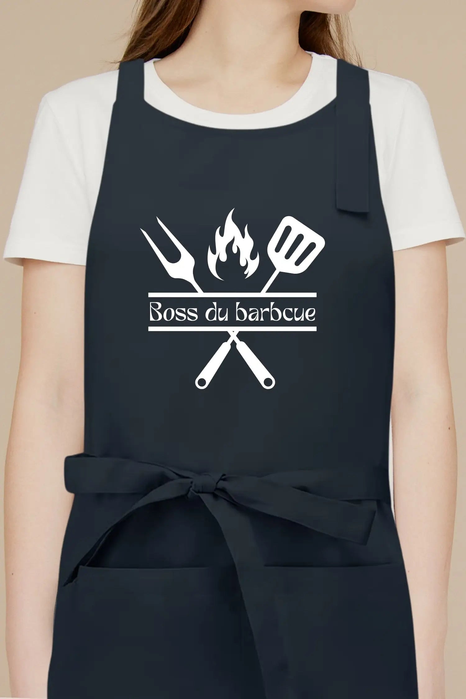 Tablier de cuisine personnalisé “Boss du barbecue” imprimé - Bleu marine
