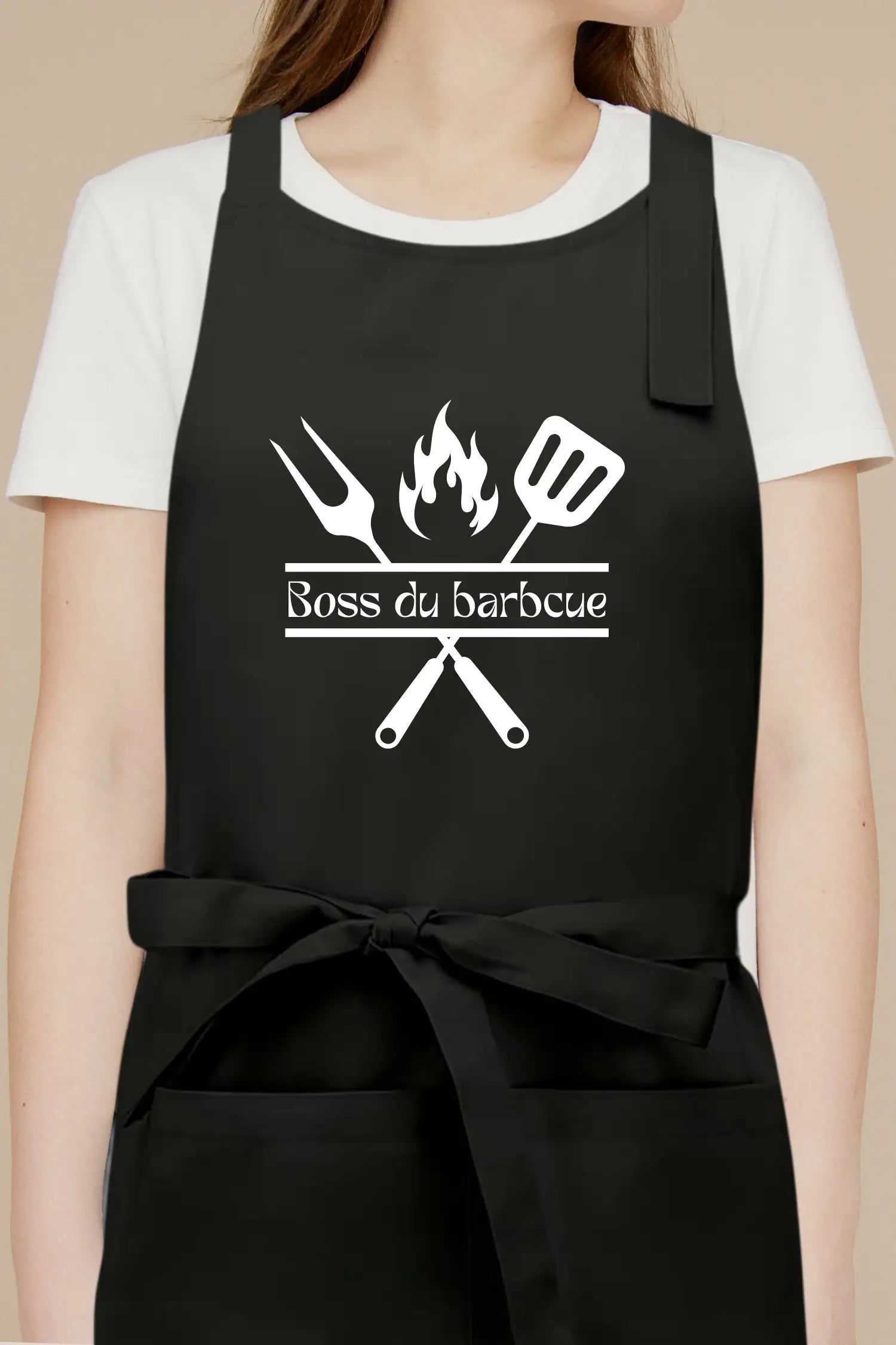 Tablier de cuisine personnalisé “Boss du barbecue” imprimé - Noir
