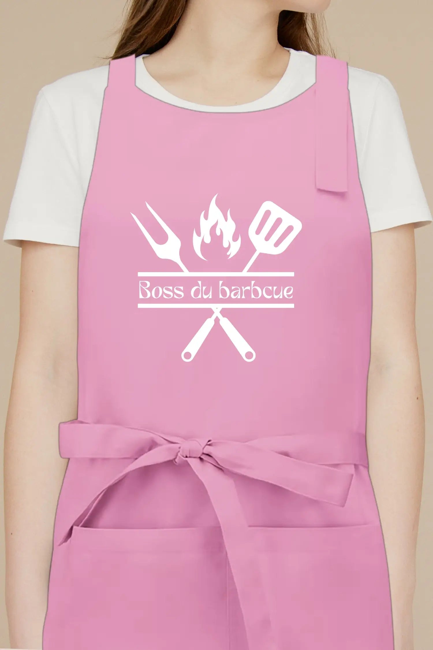 Tablier de cuisine personnalisé “Boss du barbecue” imprimé - Rose