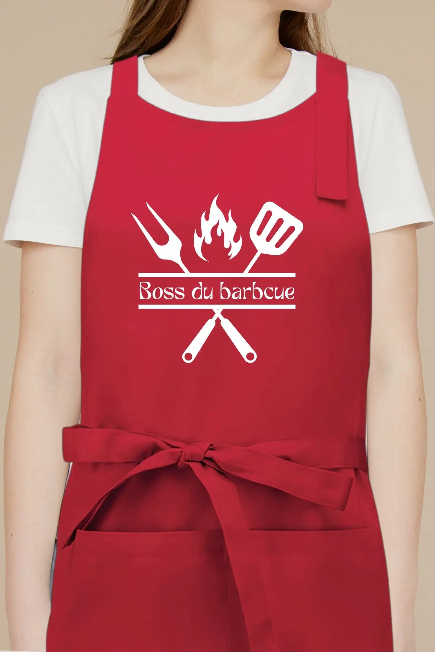 Tablier de cuisine personnalisé “Boss du barbecue” imprimé - Rouge