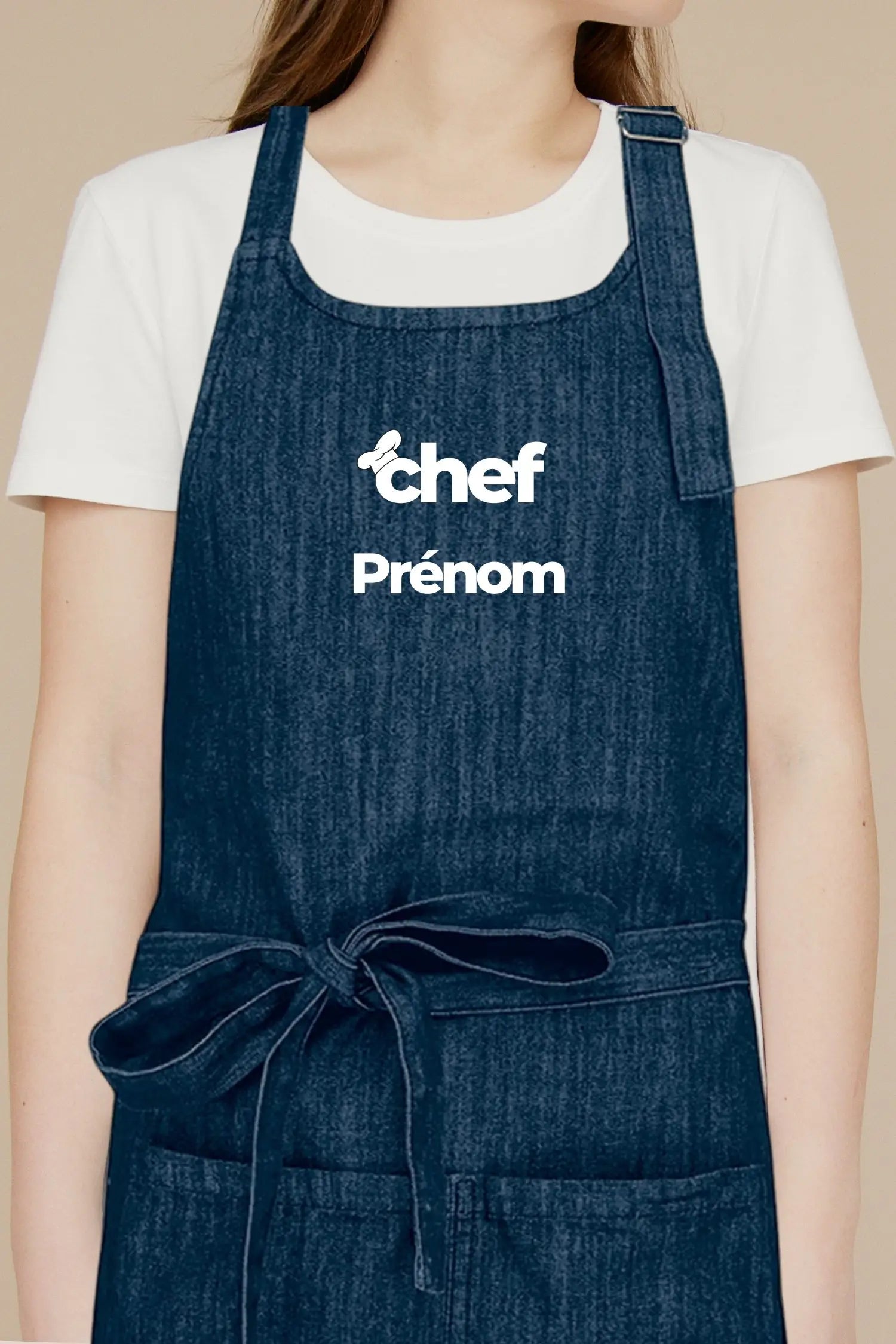 Tablier de cuisine personnalisé “Chef Prénom” imprimé - Bleu Denim