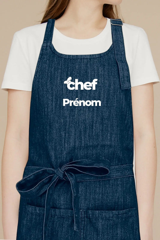 Tablier de cuisine personnalisé “Chef Prénom” imprimé - Bleu Denim