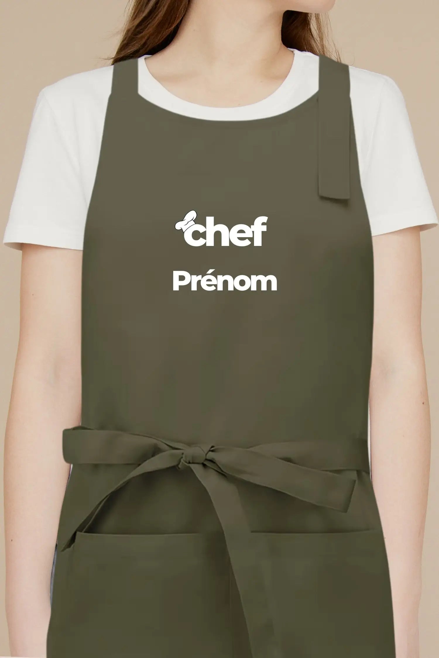 Tablier de cuisine personnalisé “Chef Prénom” imprimé - Vert Olive