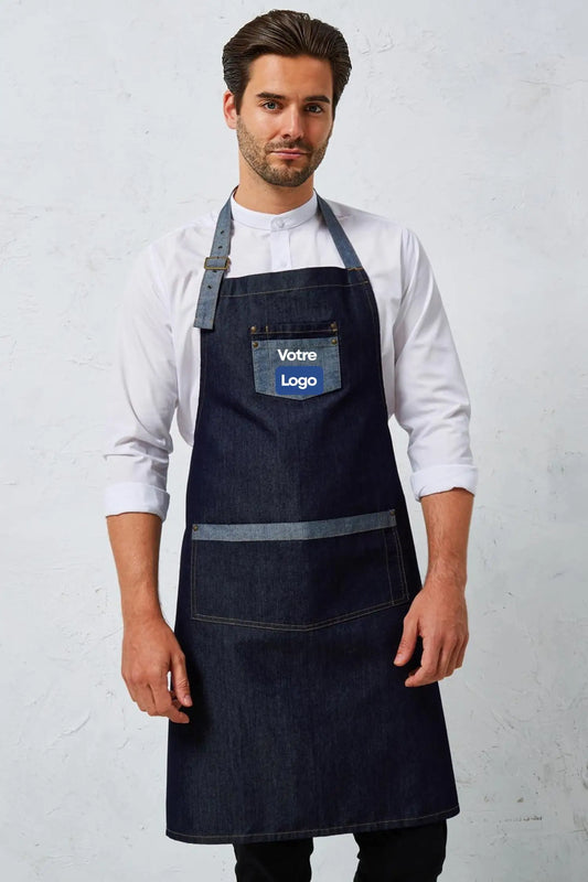 Tablier de cuisine personnalisé denim à bavette - Jean Bleu