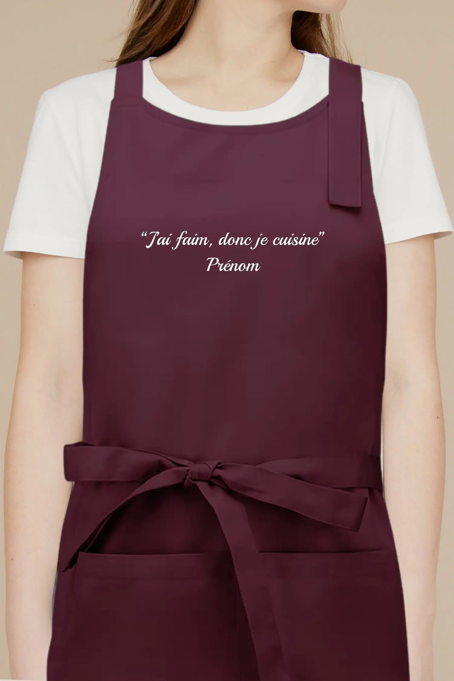 Tablier de cuisine personnalisé “J’ai faim donc je cuisine” brodé - Prune