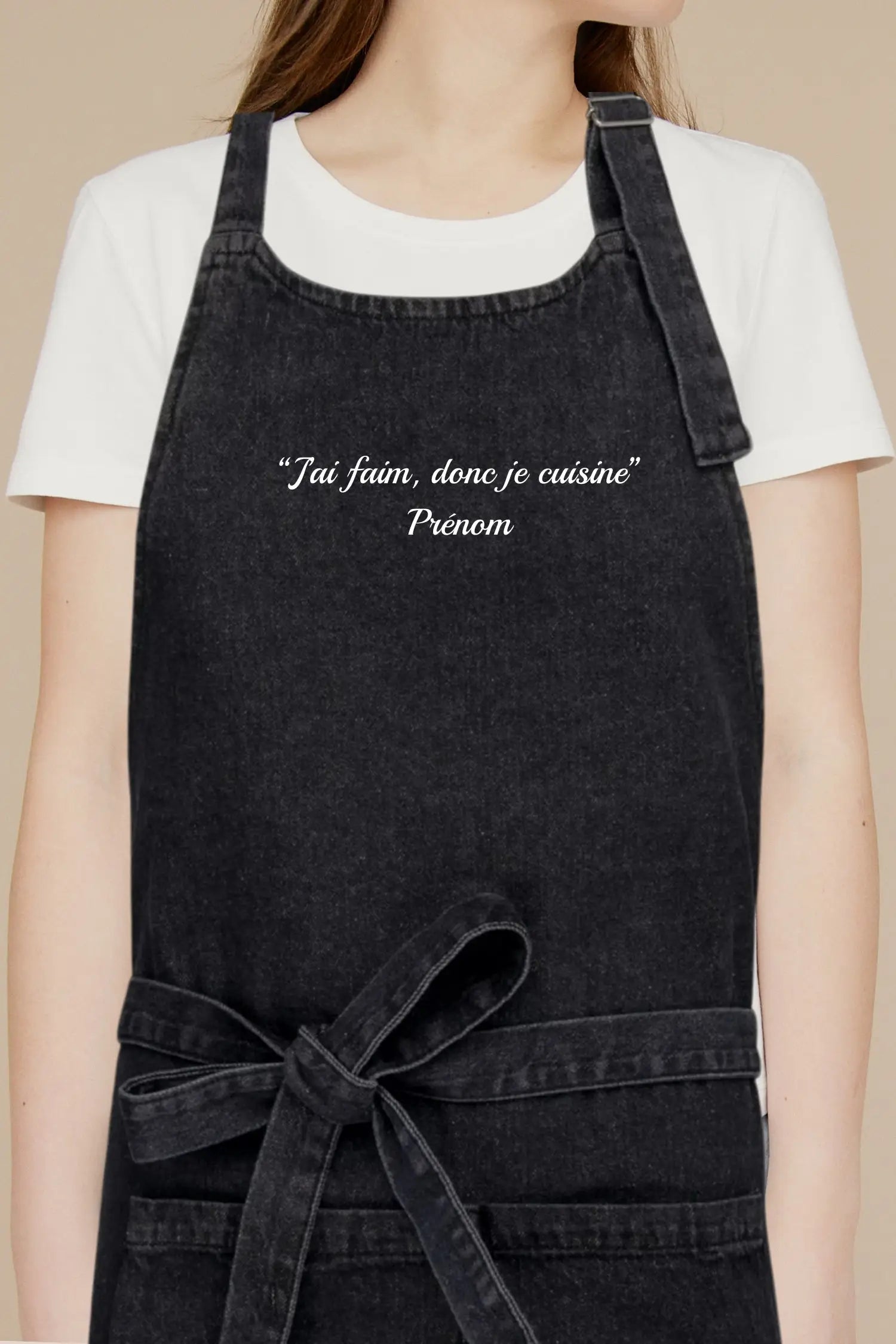 Tablier de cuisine personnalisé “J’ai faim donc je cuisine” brodé - Noir Denim