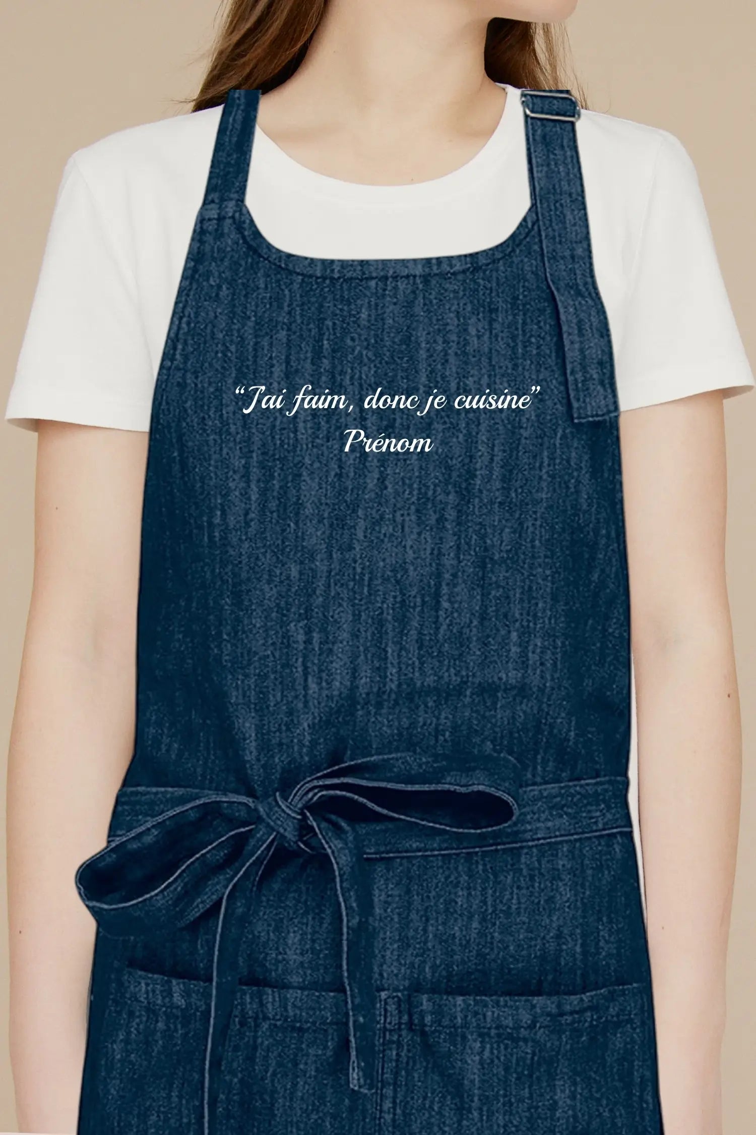 Tablier de cuisine personnalisé “J’ai faim donc je cuisine” brodé - Bleu Denim