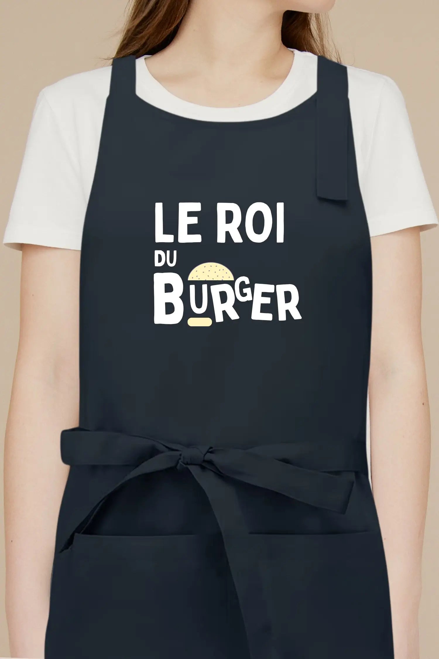 Tablier de cuisine personnalisé “Le roi du burger” imprimé - Bleu Denim