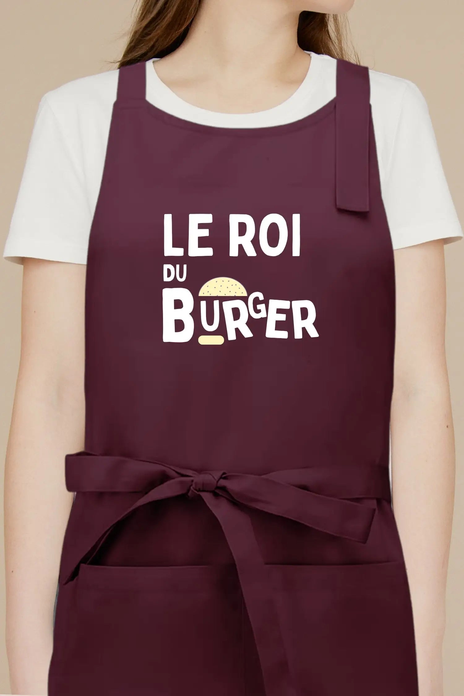 Tablier de cuisine personnalisé “Le roi du burger” imprimé - Prune