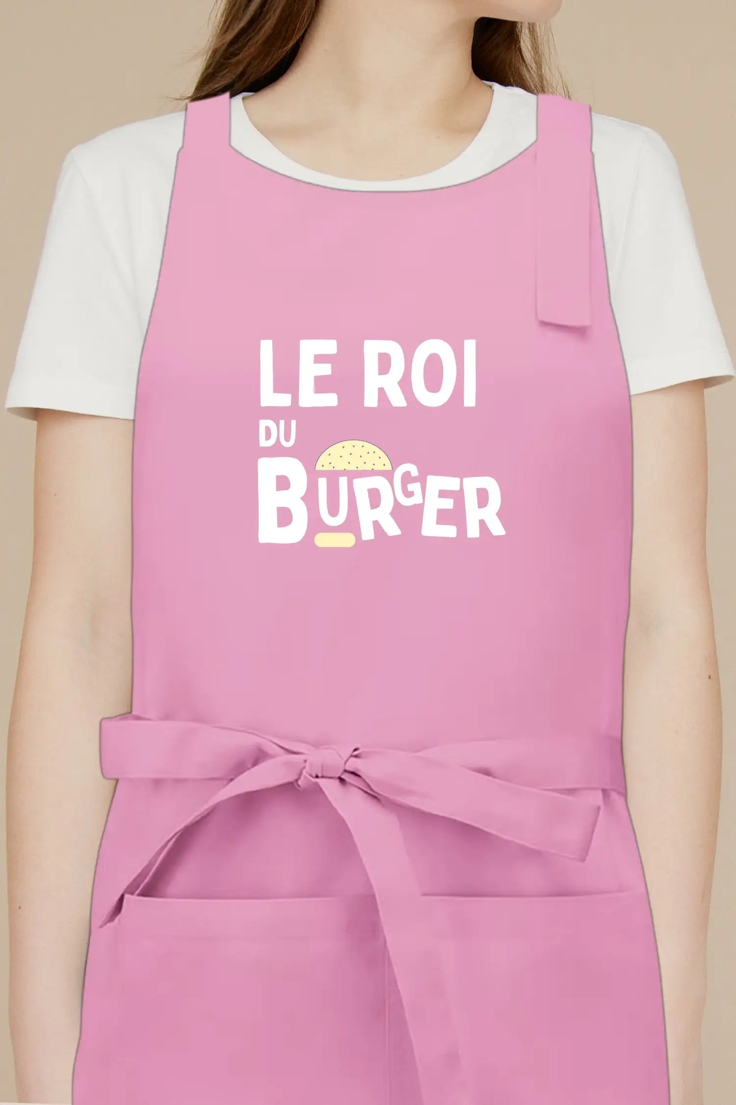 Tablier de cuisine personnalisé “Le roi du burger” imprimé - Rose