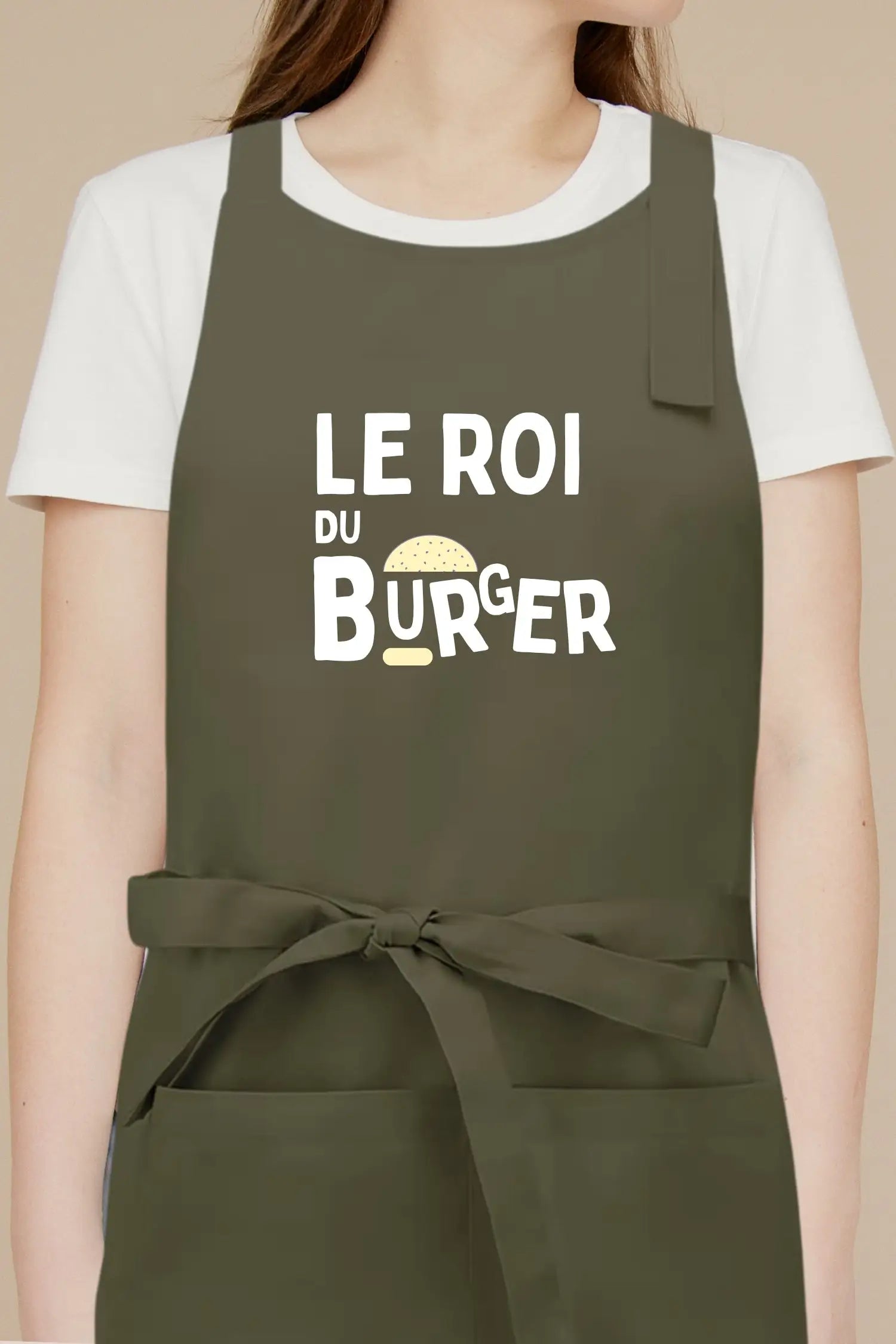 Tablier de cuisine personnalisé “Le roi du burger” imprimé - Vert Olive