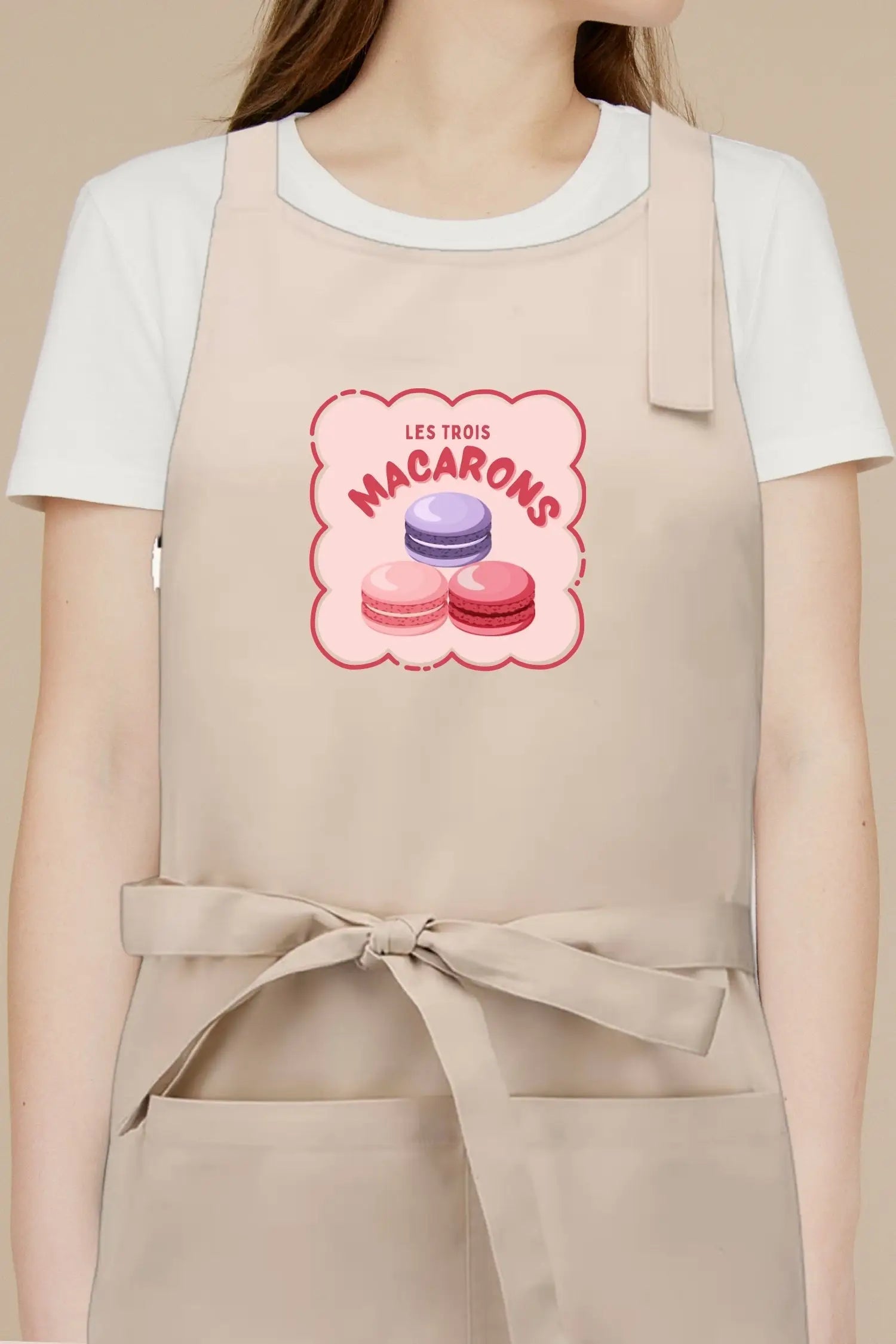 Tablier de cuisine personnalisé “Les trois macarons” imprimé - Beige