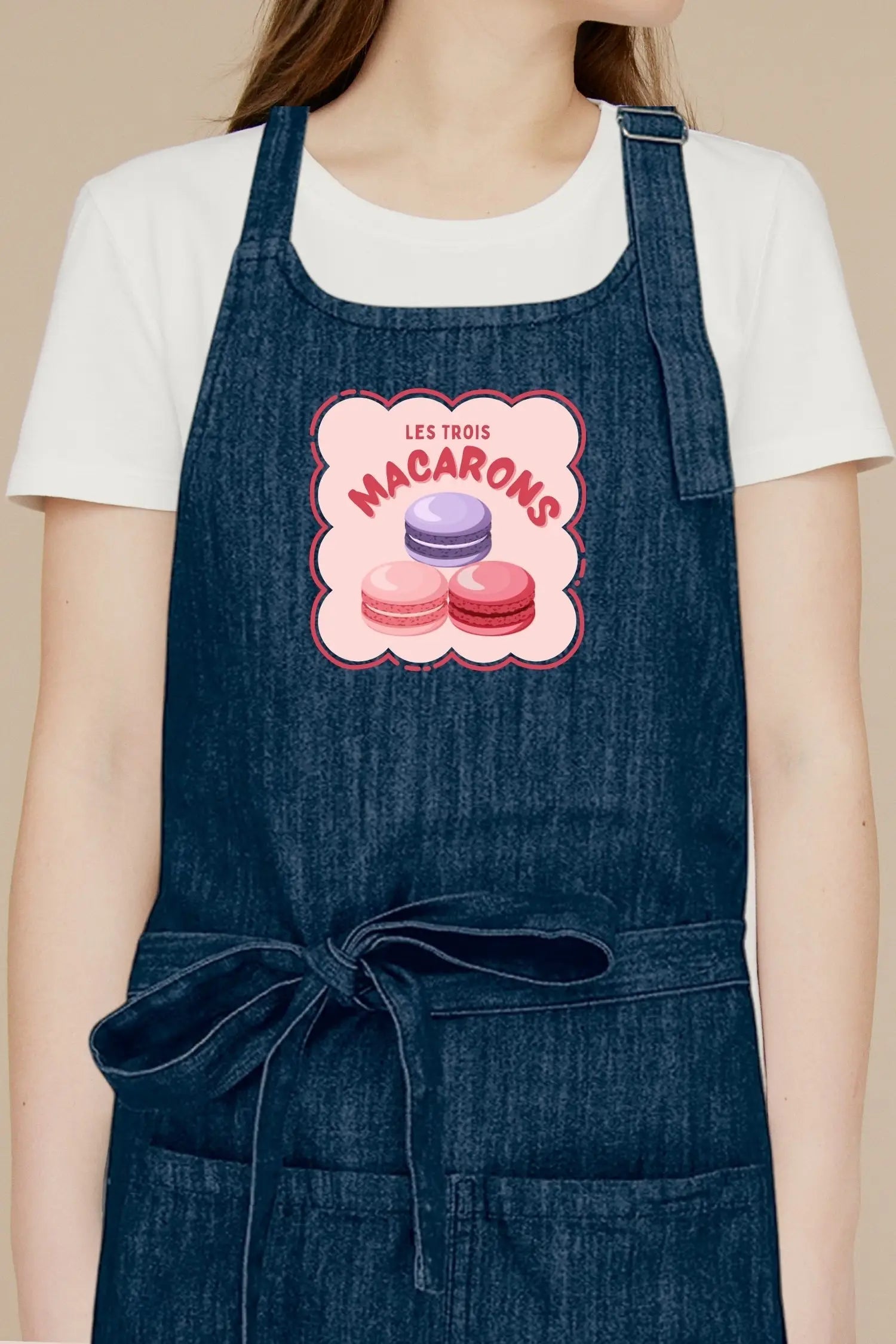 Tablier de cuisine personnalisé “Les trois macarons” imprimé - Bleu Denim