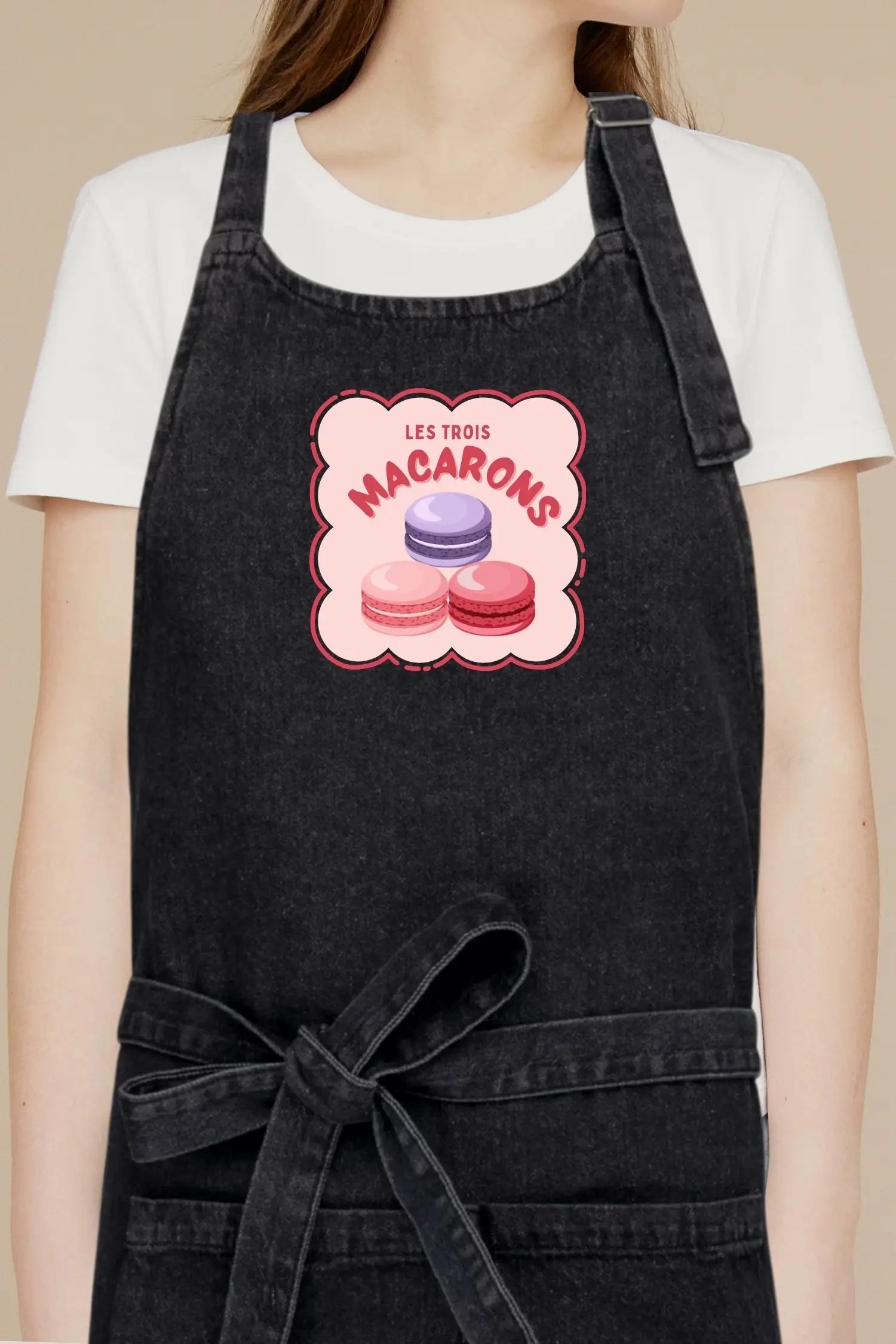 Tablier de cuisine personnalisé “Les trois macarons” imprimé - Noir Denim