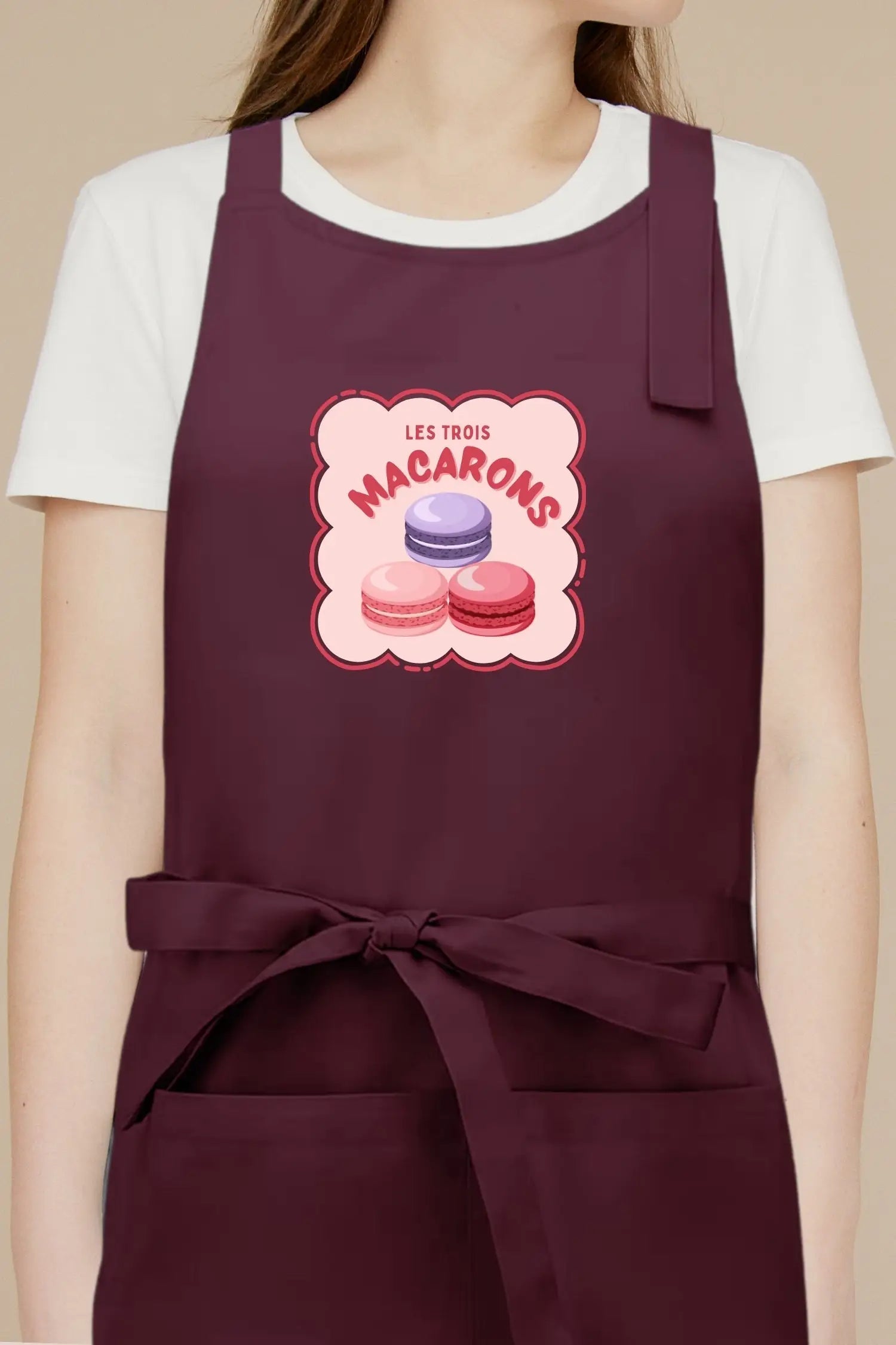 Tablier de cuisine personnalisé “Les trois macarons” imprimé - Prune