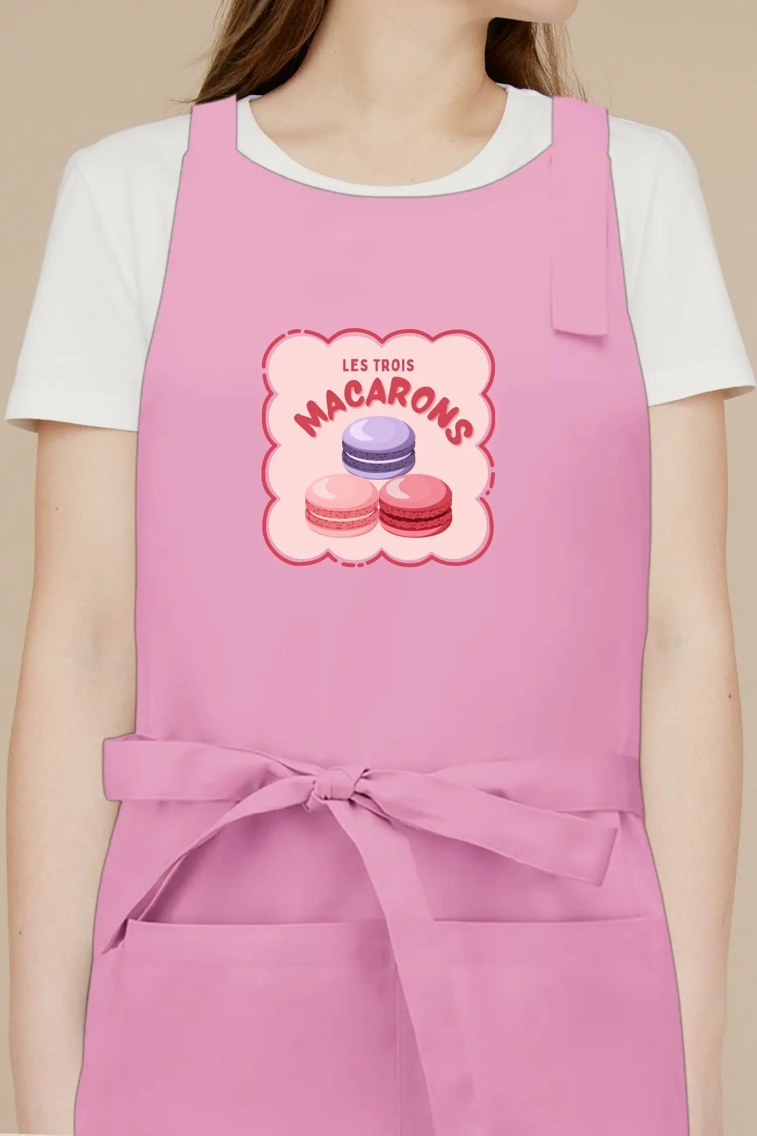 Tablier de cuisine personnalisé “Les trois macarons” imprimé - Rose