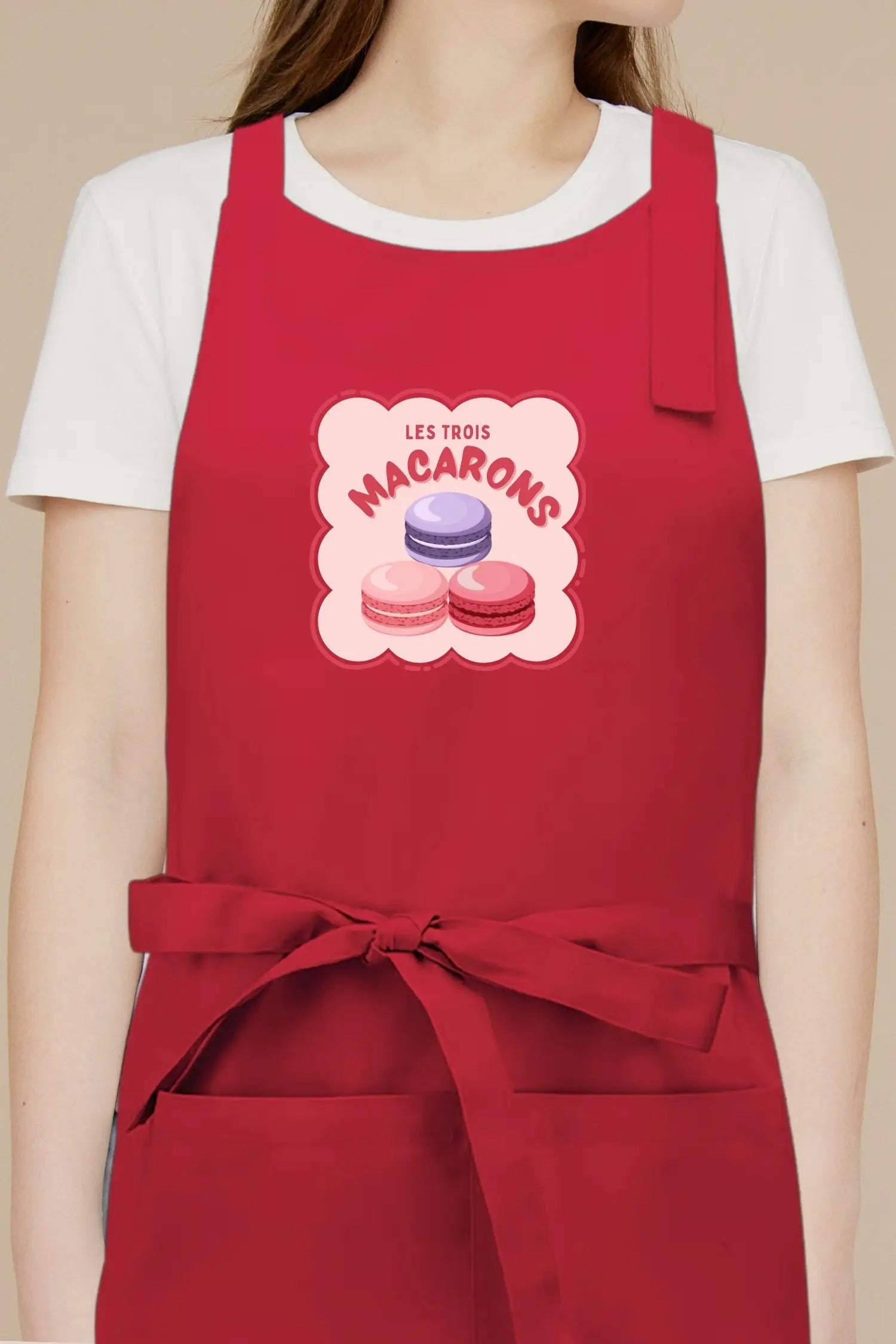 Tablier de cuisine personnalisé “Les trois macarons” imprimé - Rouge