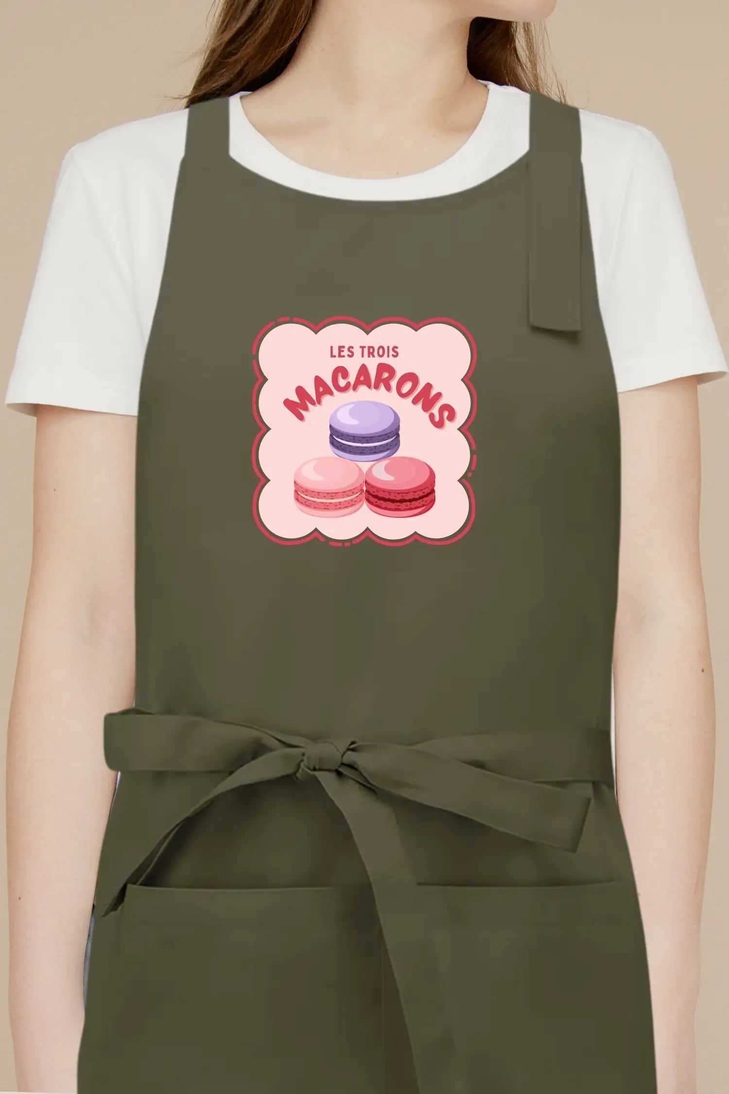 Tablier de cuisine personnalisé “Les trois macarons” imprimé - Vert Olive