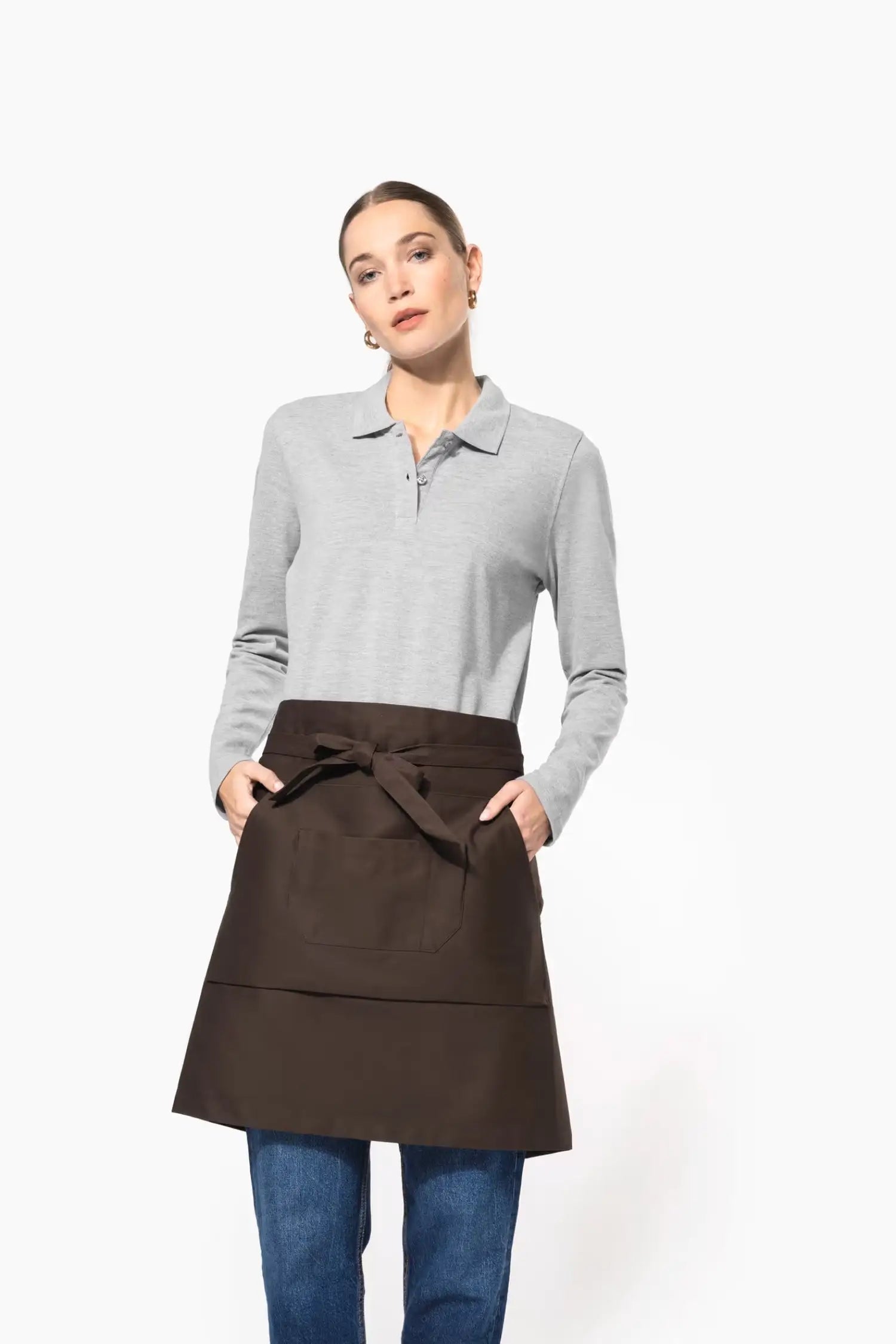 Tablier de cuisine personnalisé Mi-Long Personnalisable avec Double Poche - 100% Coton - Marron