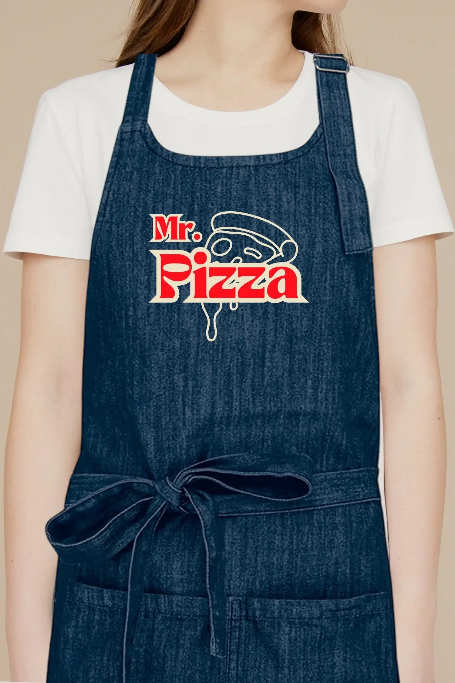 Tablier de cuisine personnalisé “Mr. Pizza” imprimé - Bleu Denim