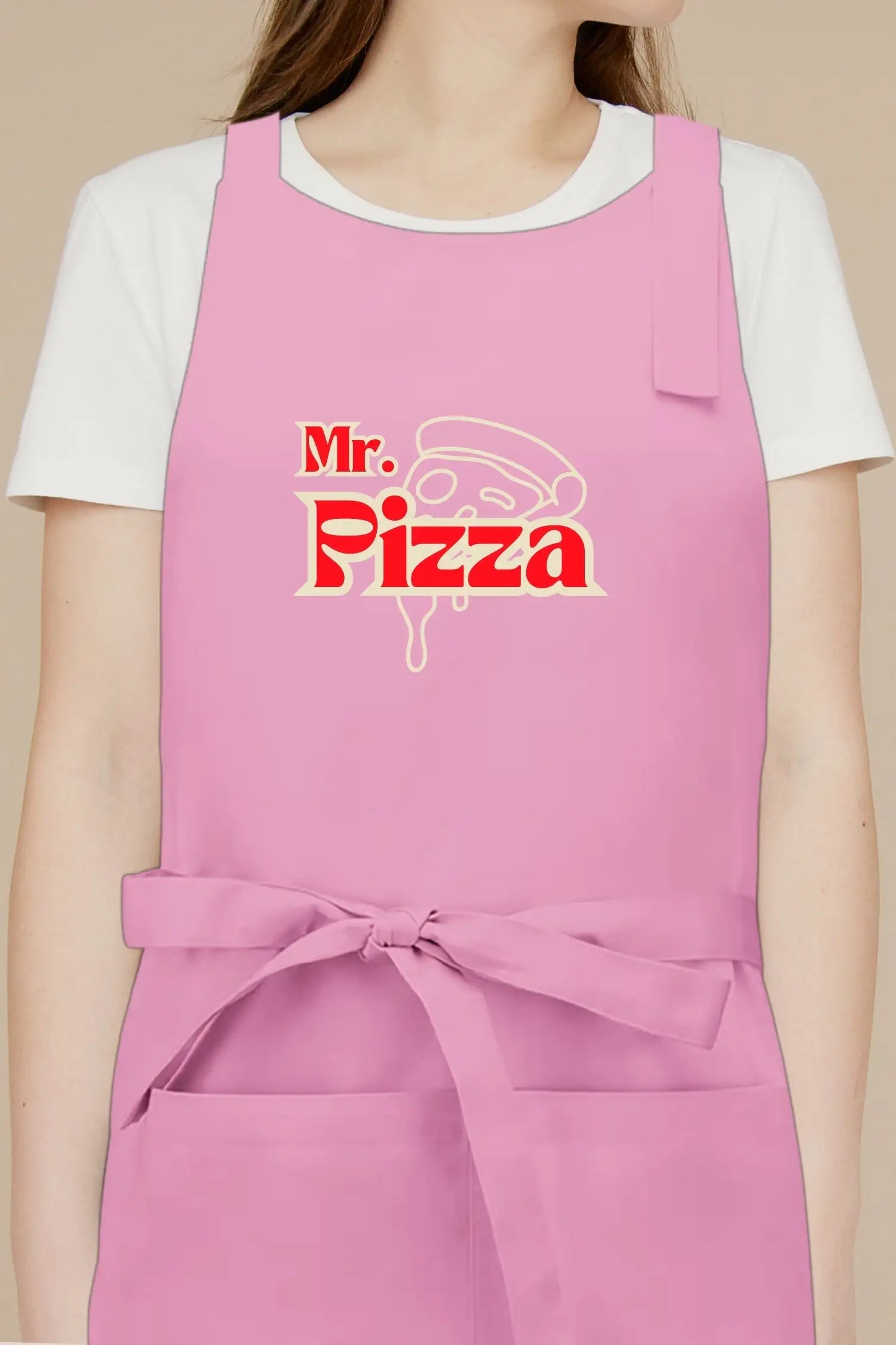 Tablier de cuisine personnalisé “Mr. Pizza” imprimé - Rose