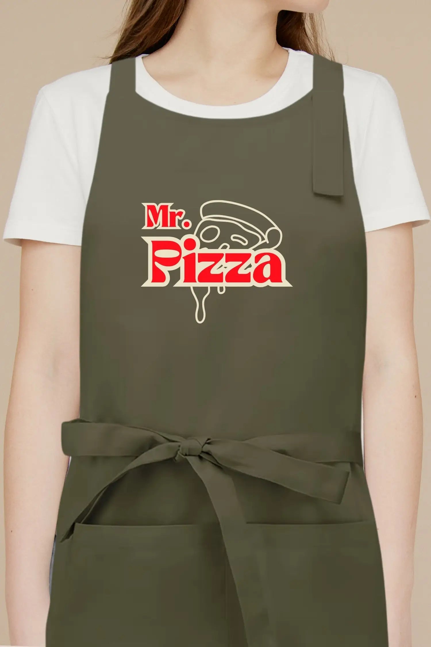 Tablier de cuisine personnalisé “Mr. Pizza” imprimé - Vert Olive