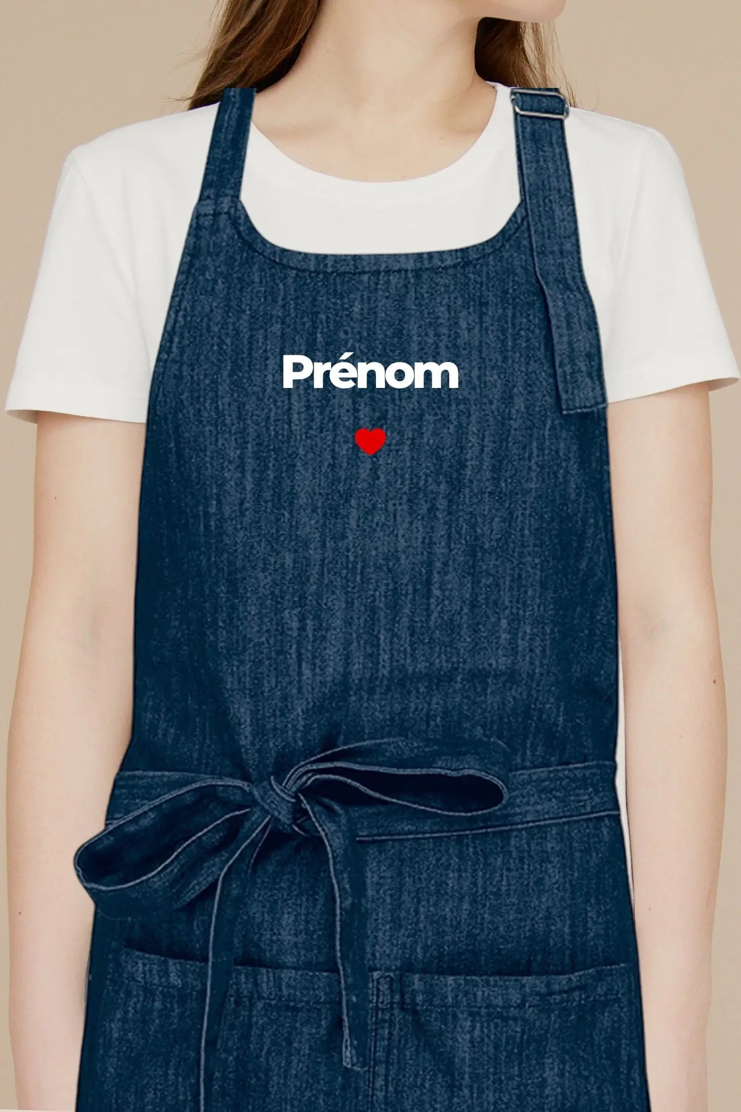 Tablier de cuisine personnalisé “Prénom coeur” brodé - Bleu Denim