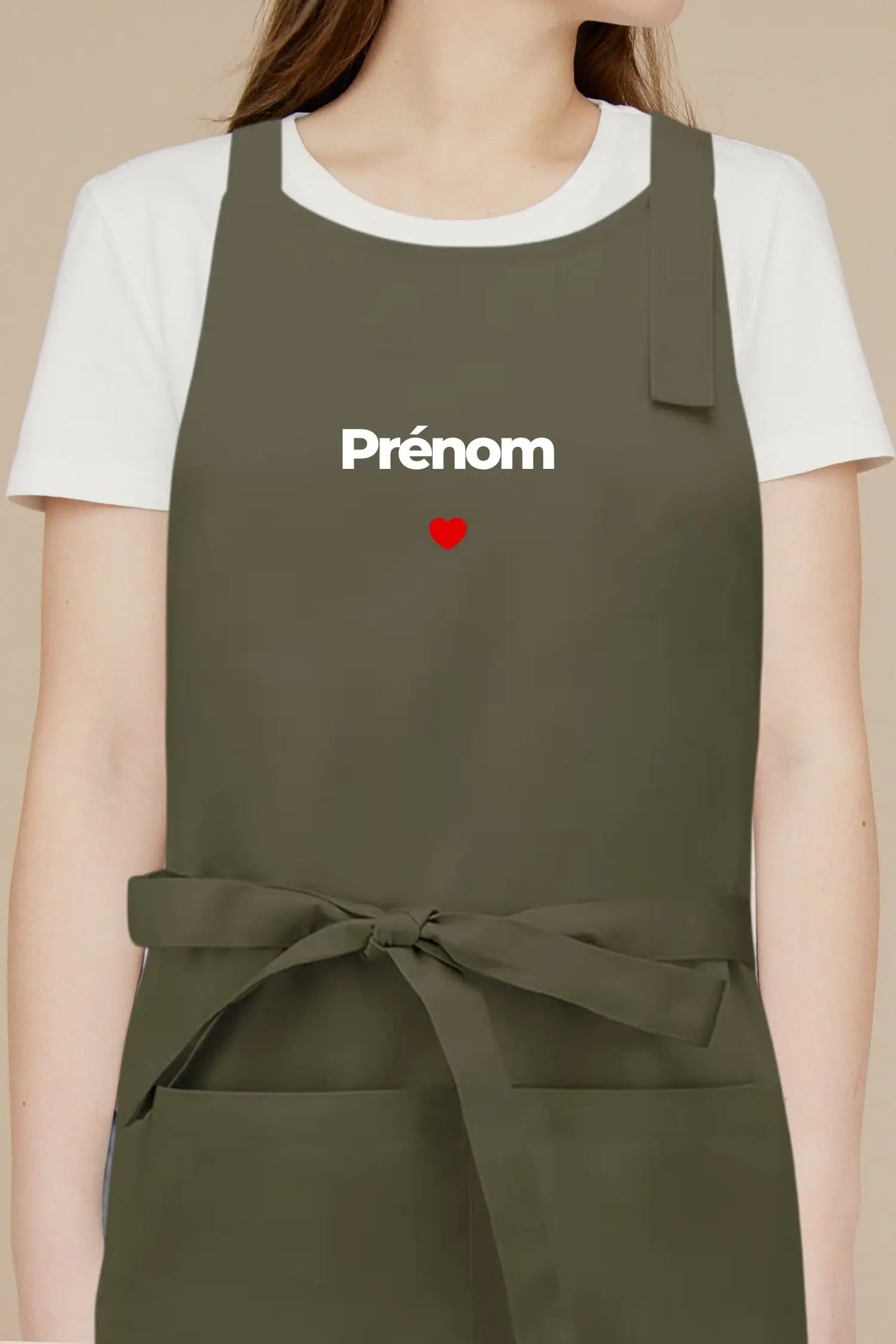 Tablier de cuisine personnalisé “Prénom coeur” brodé - Vert Olive