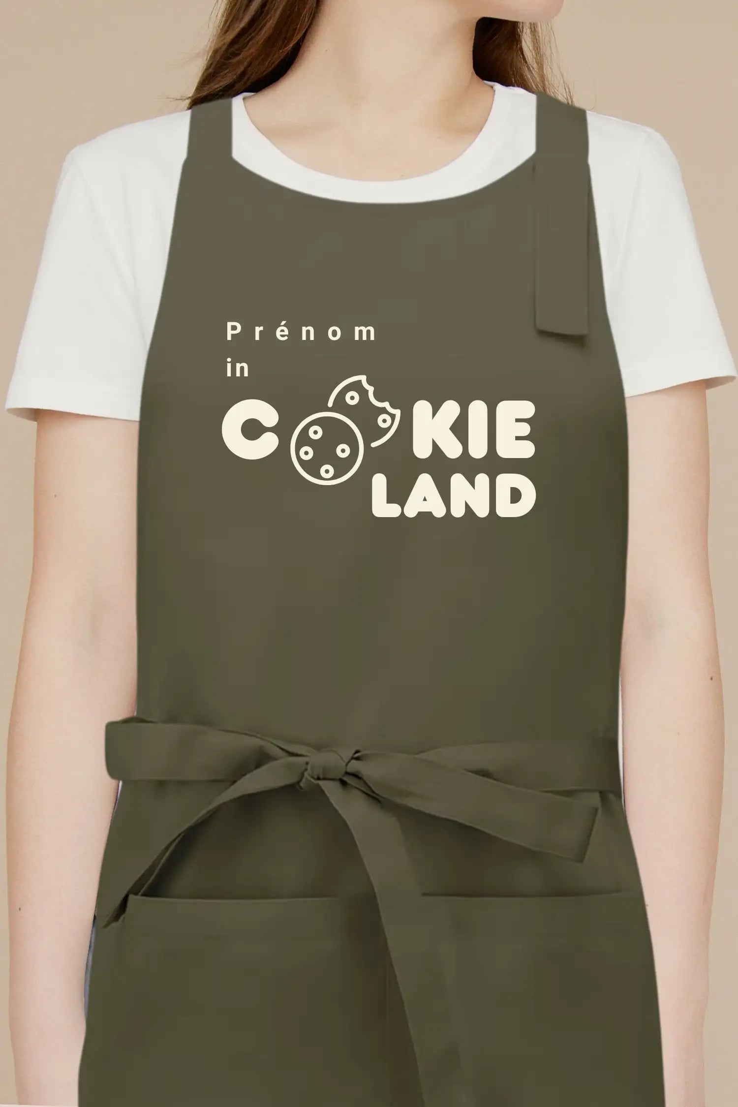 Tablier de cuisine personnalisé “Prénom in Cookieland” brodé - Vert Olive