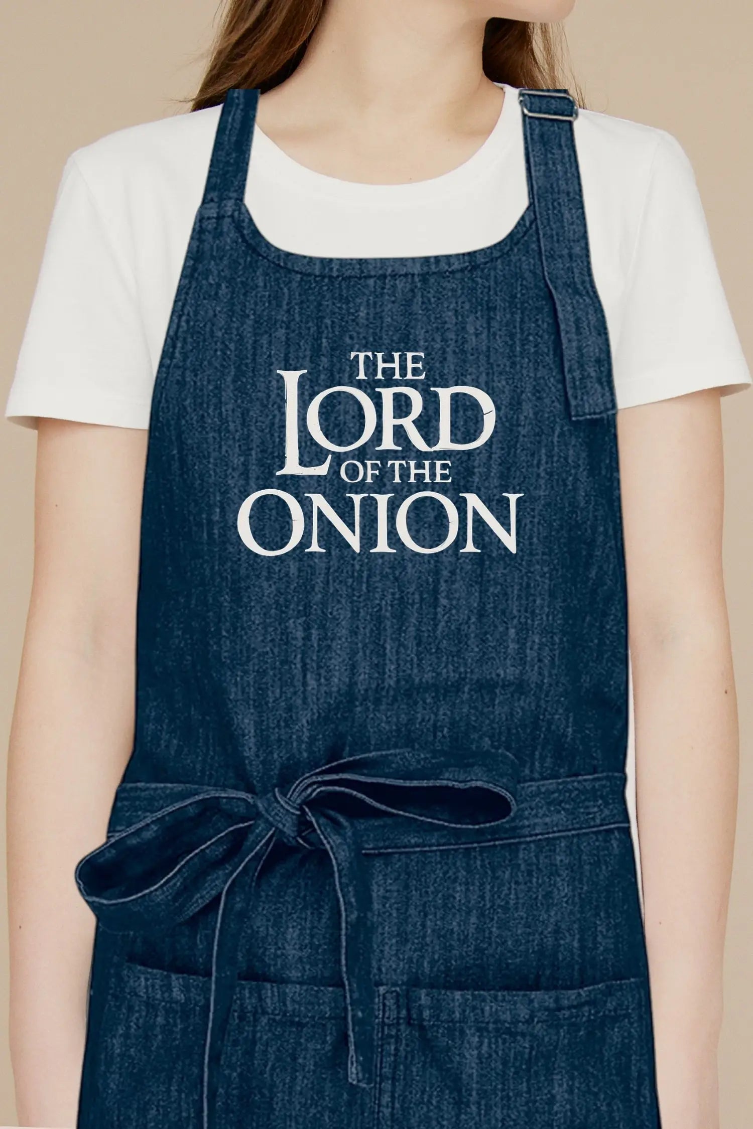 Tablier de cuisine personnalisé “The Lord Of The Onion’ imprimé - Bleu Denim