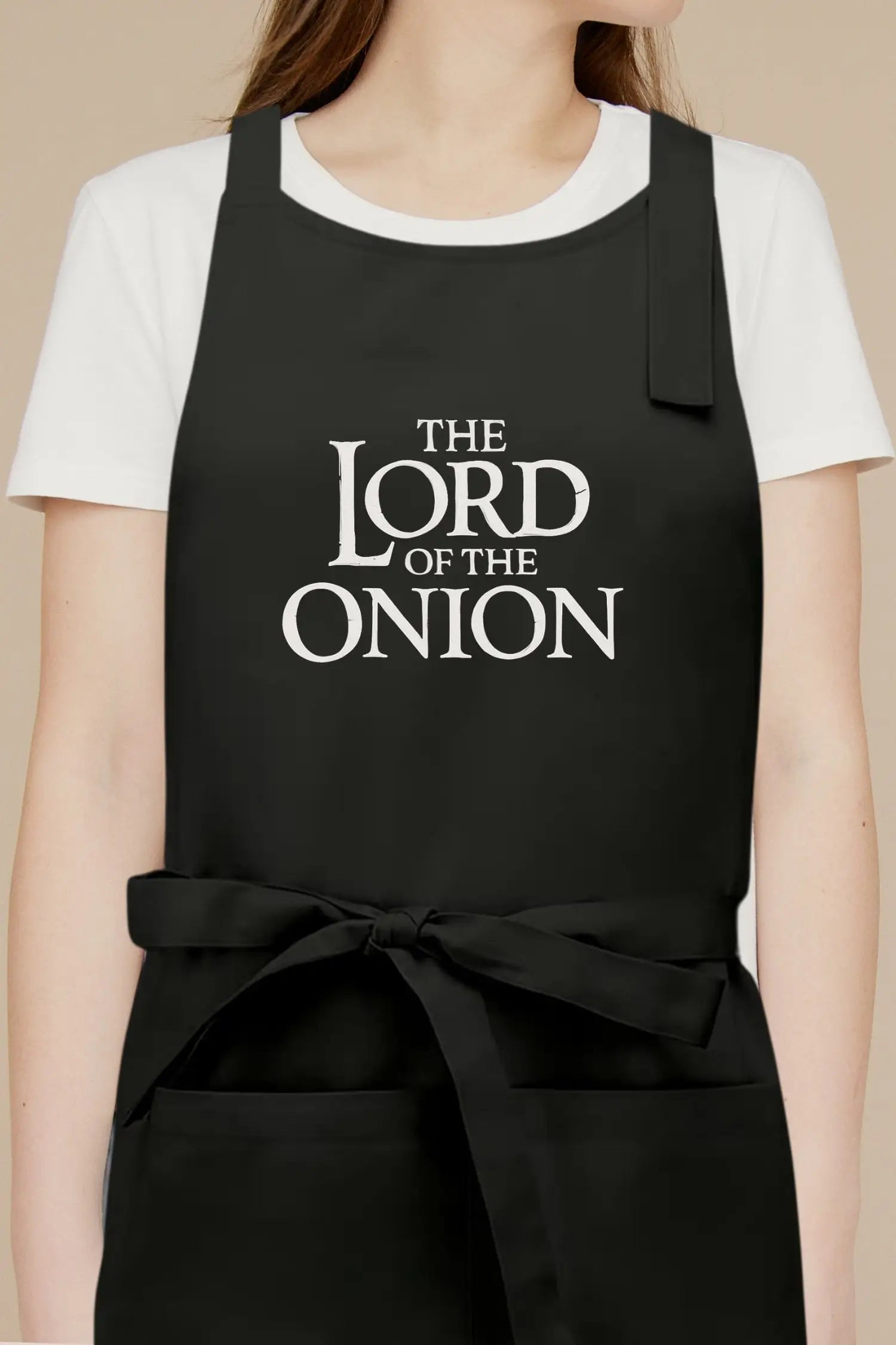 Tablier de cuisine personnalisé “The Lord Of The Onion’ imprimé - Noir