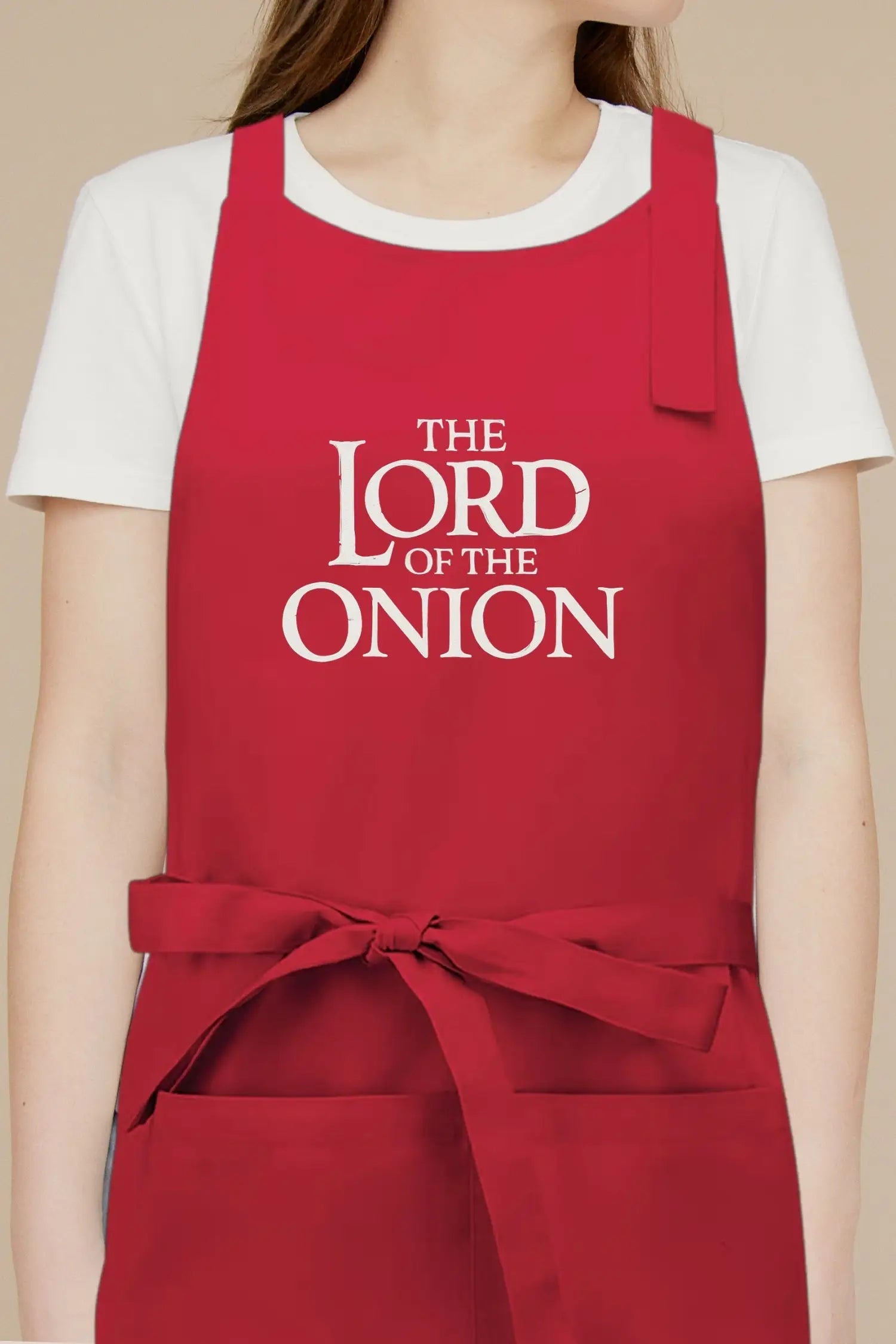 Tablier de cuisine personnalisé “The Lord Of The Onion’ imprimé - Rouge